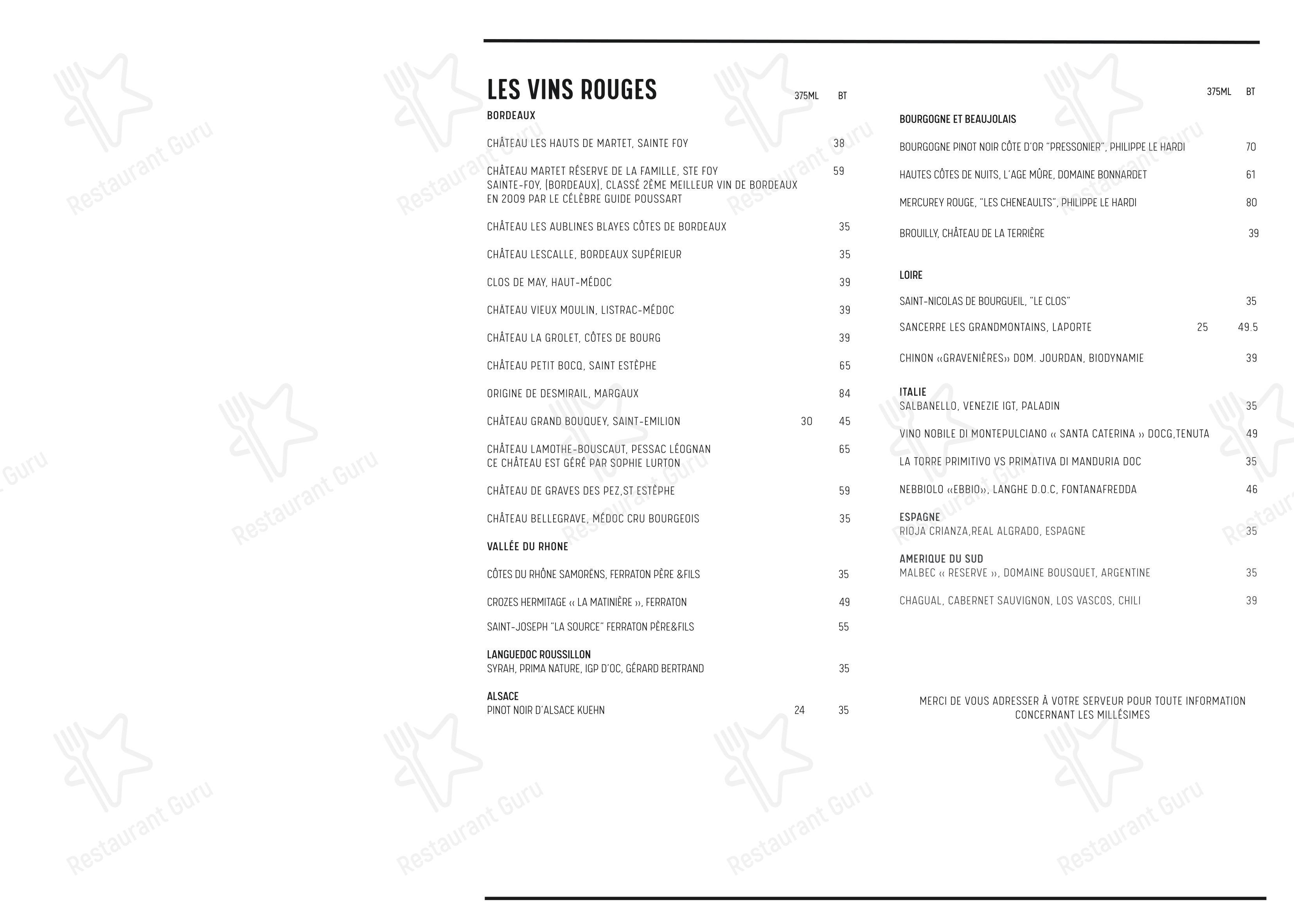 Menu pour Brasserie des Étangs Mellaerts dans Woluwe-Saint-Pierre