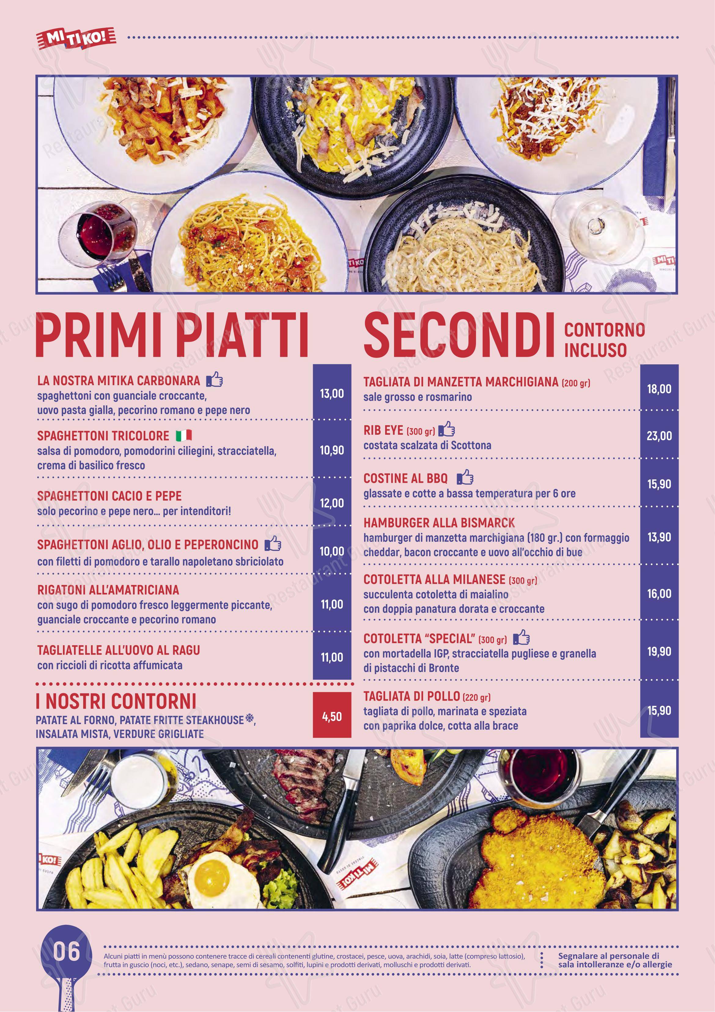 Menu per Mitiko - Ristorante sportivo, Pizzeria e Burger pizzeria