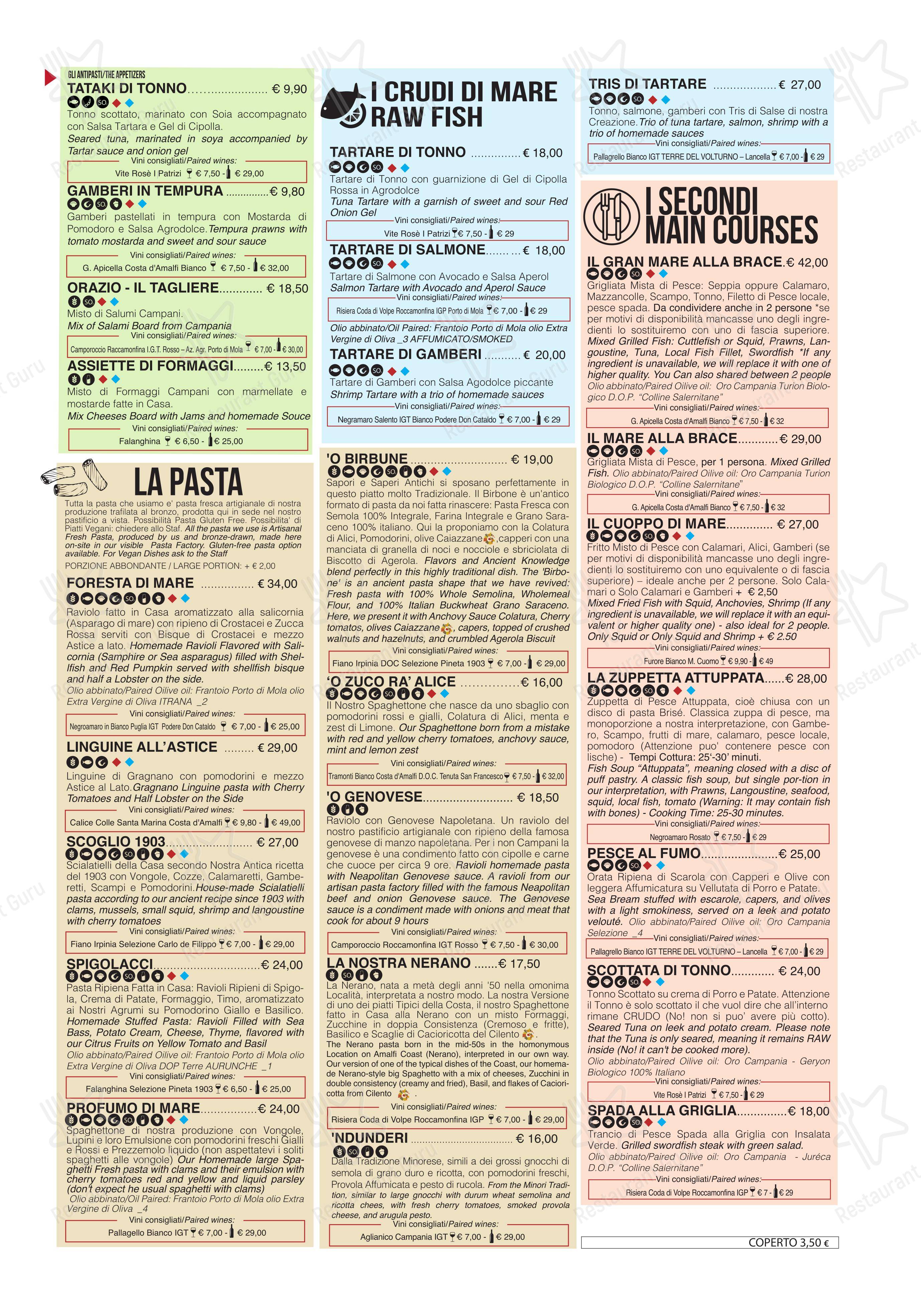 Menu di Pineta 1903, Ristorante con Pastificio Artigianale L’Autentica Cucina di Mare della Costiera Amalfitana - Menu bar