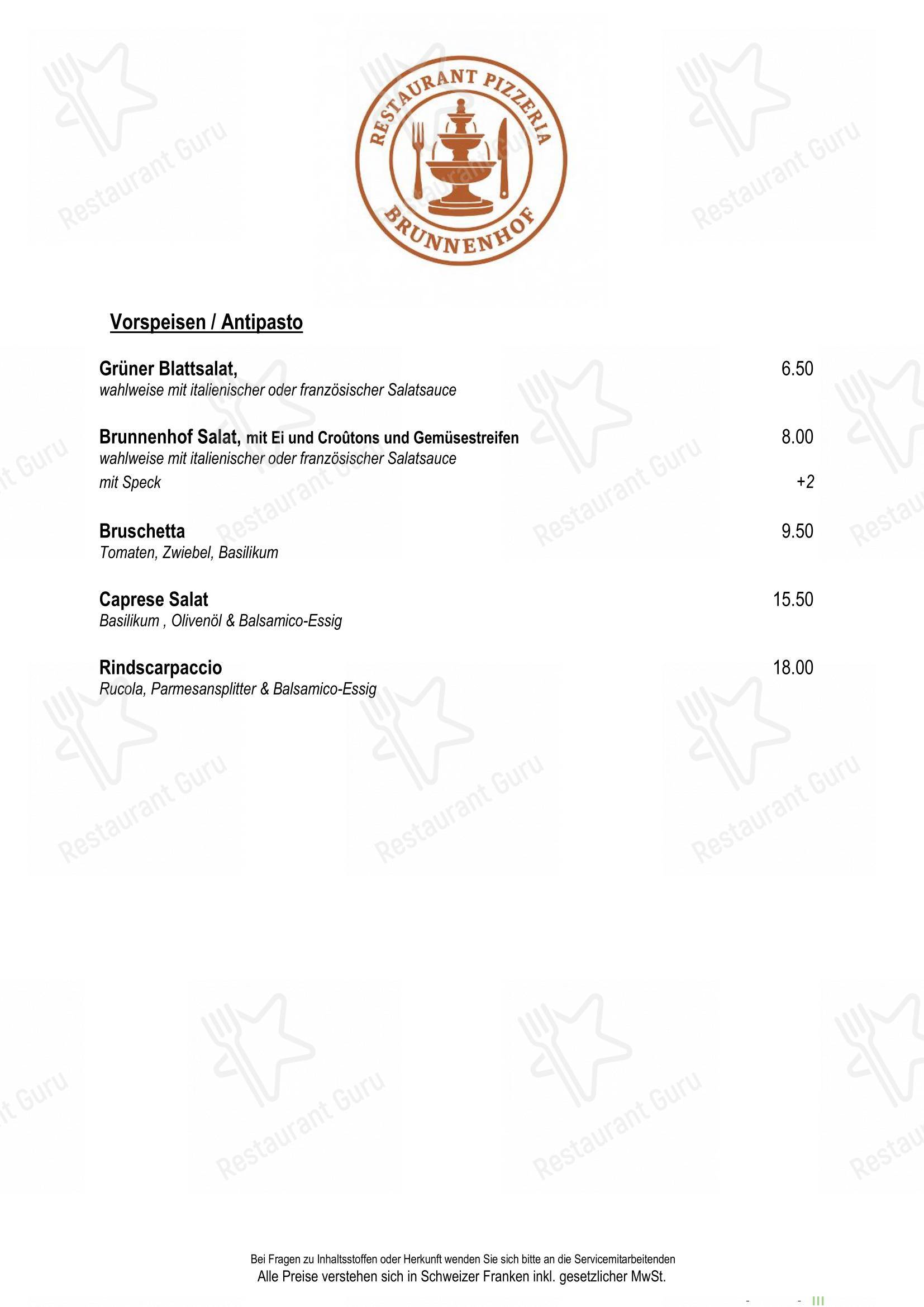 Menu per Restaurant Pizzeria Brunnenhof ristorante
