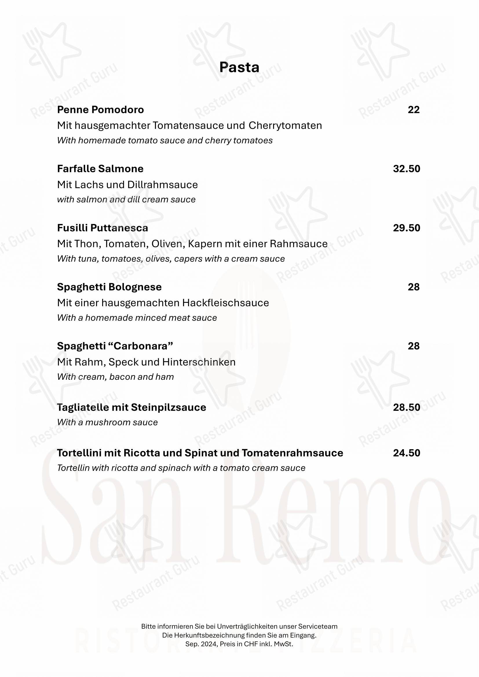 菜单 per Restaurant San Remo GmbH ristorante