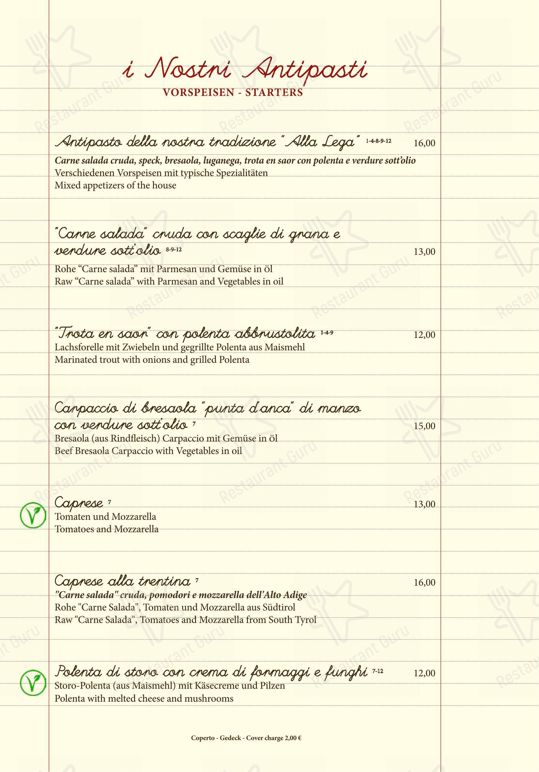 Ristorante alla Lega in Arco - Menu bar