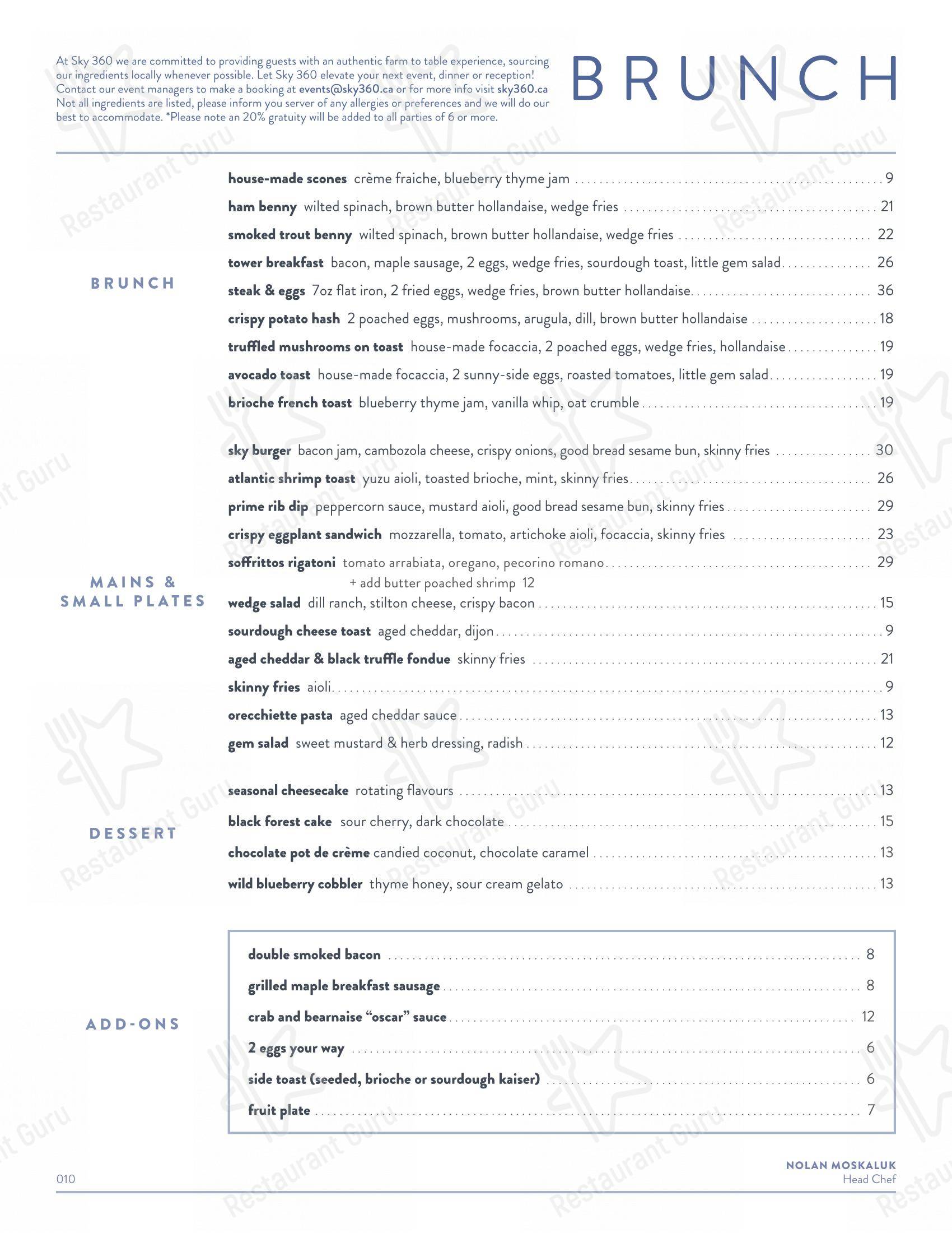 Menu pour Sky 360 restaurant