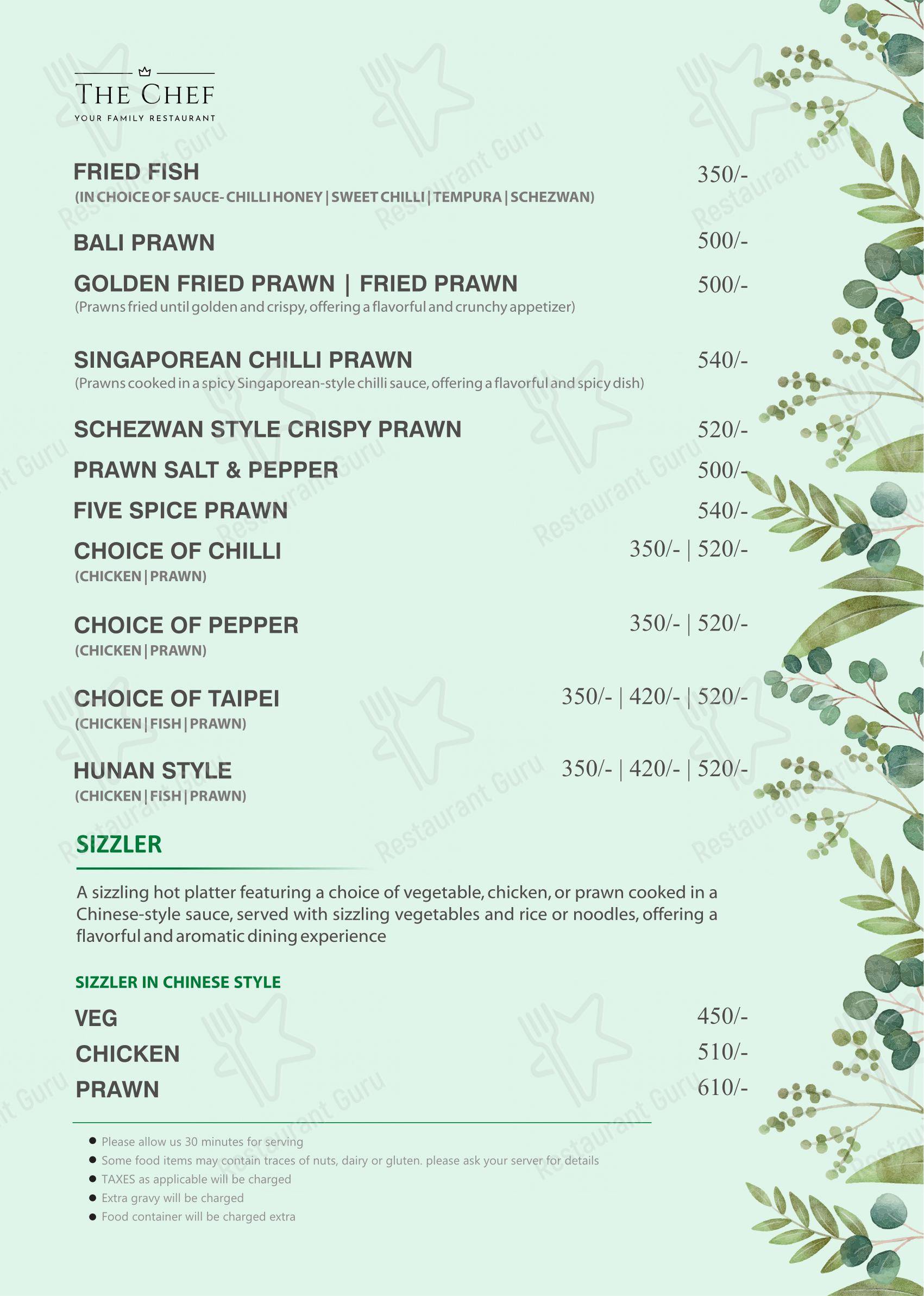 Menu for the The Chef restaurant