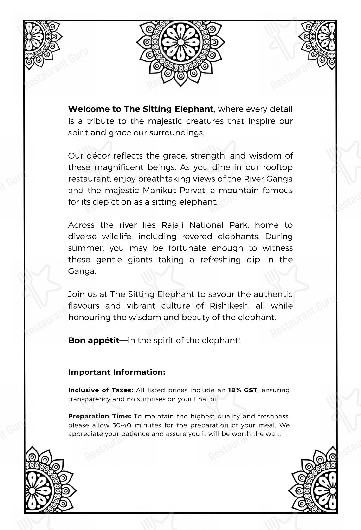 Menu for The Sitting Elephant - A Rooftop Restaurant Overlooking River Ganga in Rishikesh