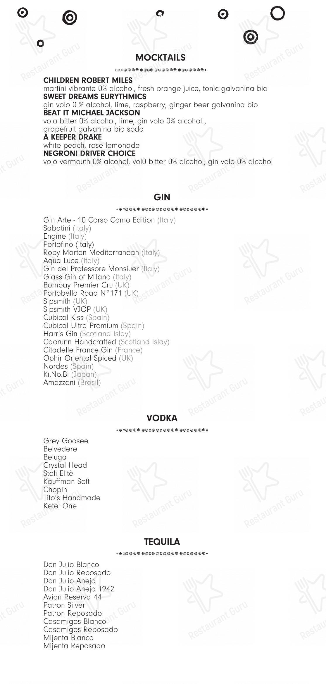 Menu di 10 Corso Como - Ночное меню