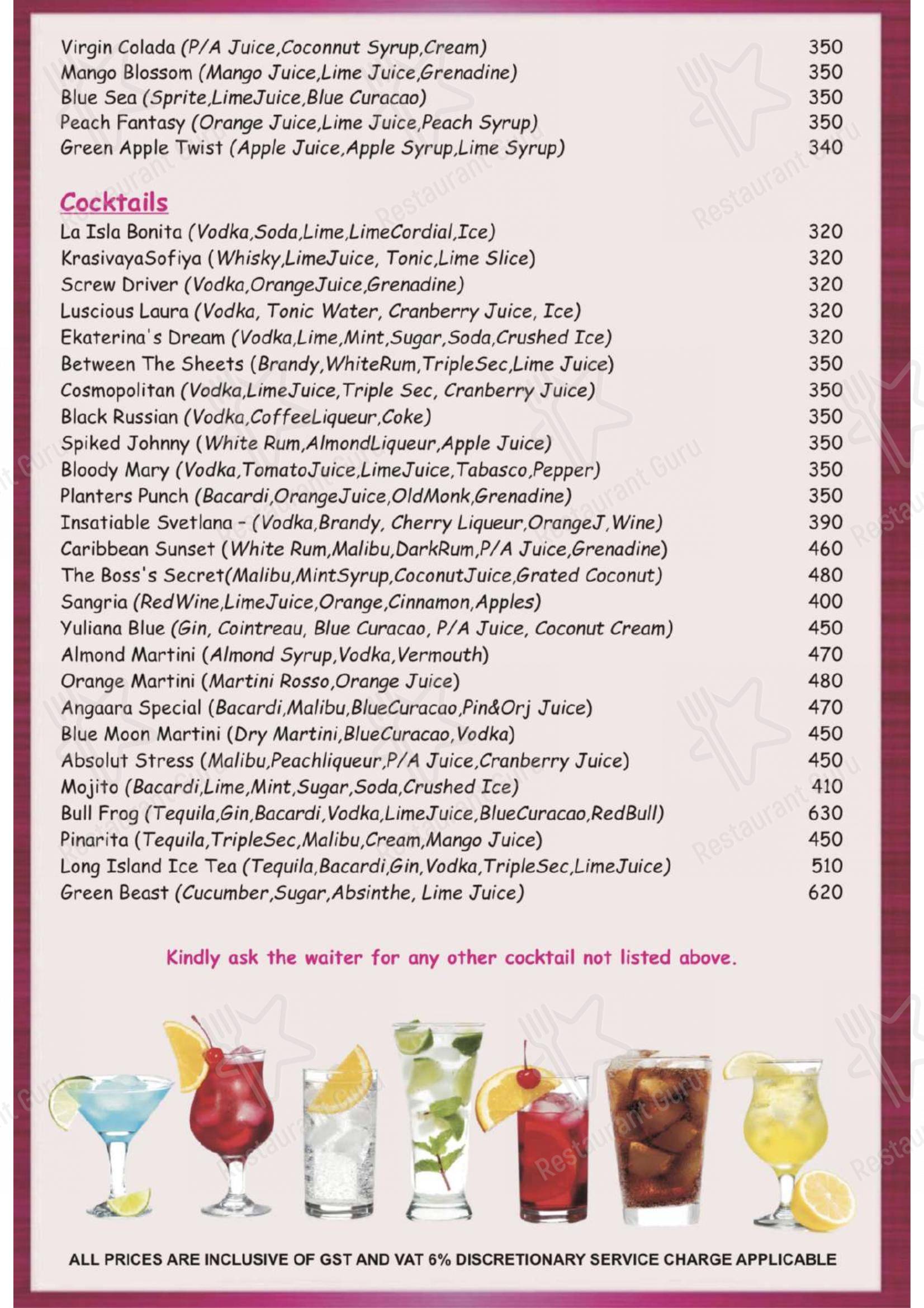 ANGAARA– Bbq Grill & SPORTSBAR in Candolim - Menu