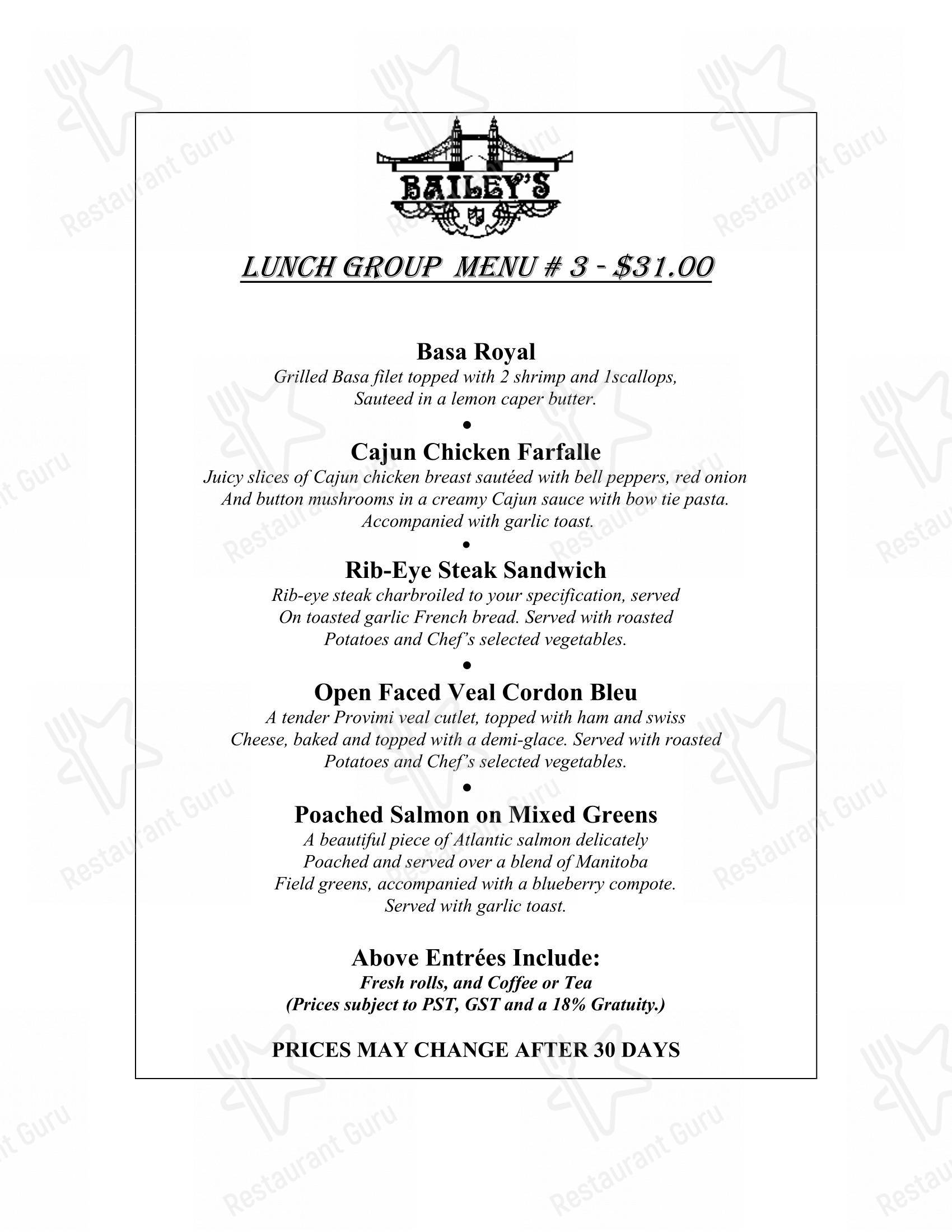 Menu at Bailey's Restaurant, Winnipeg, 185 Lombard Ave