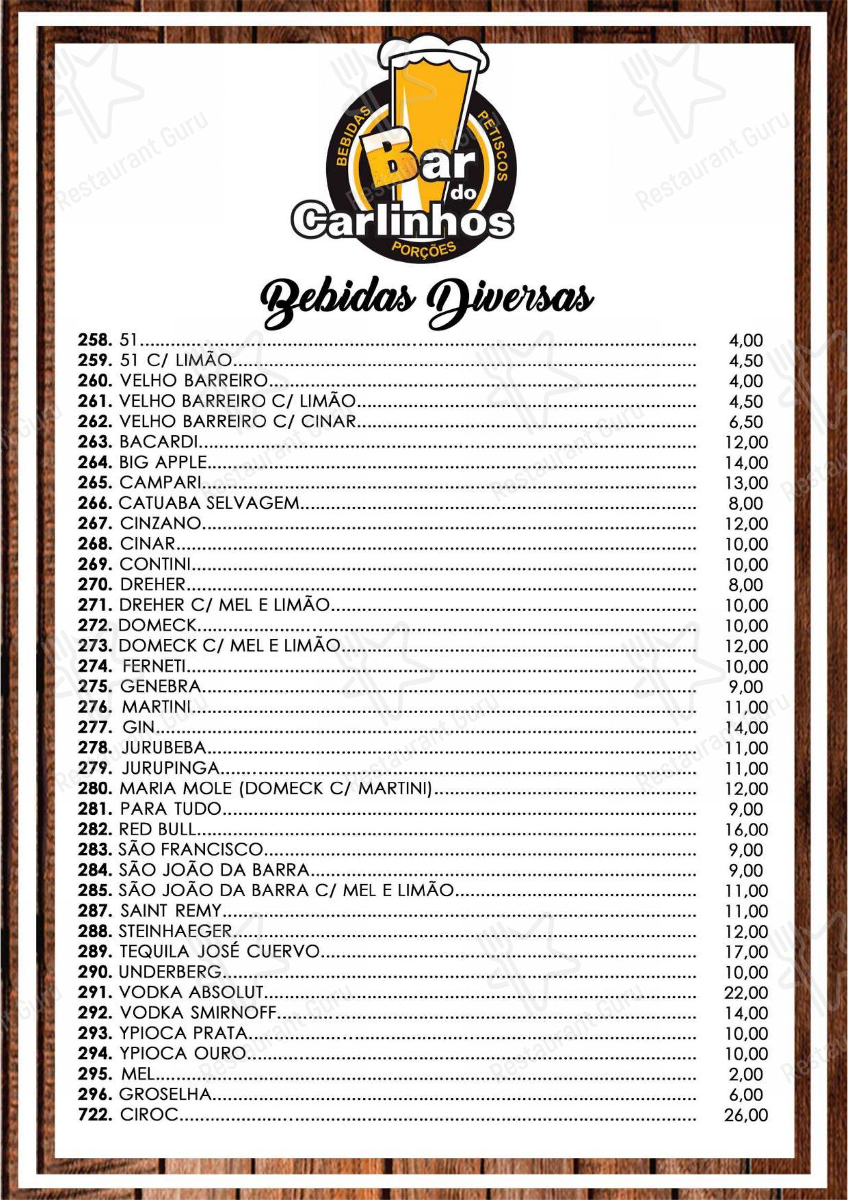 Menu bar para Bar do Carlinhos em Santos