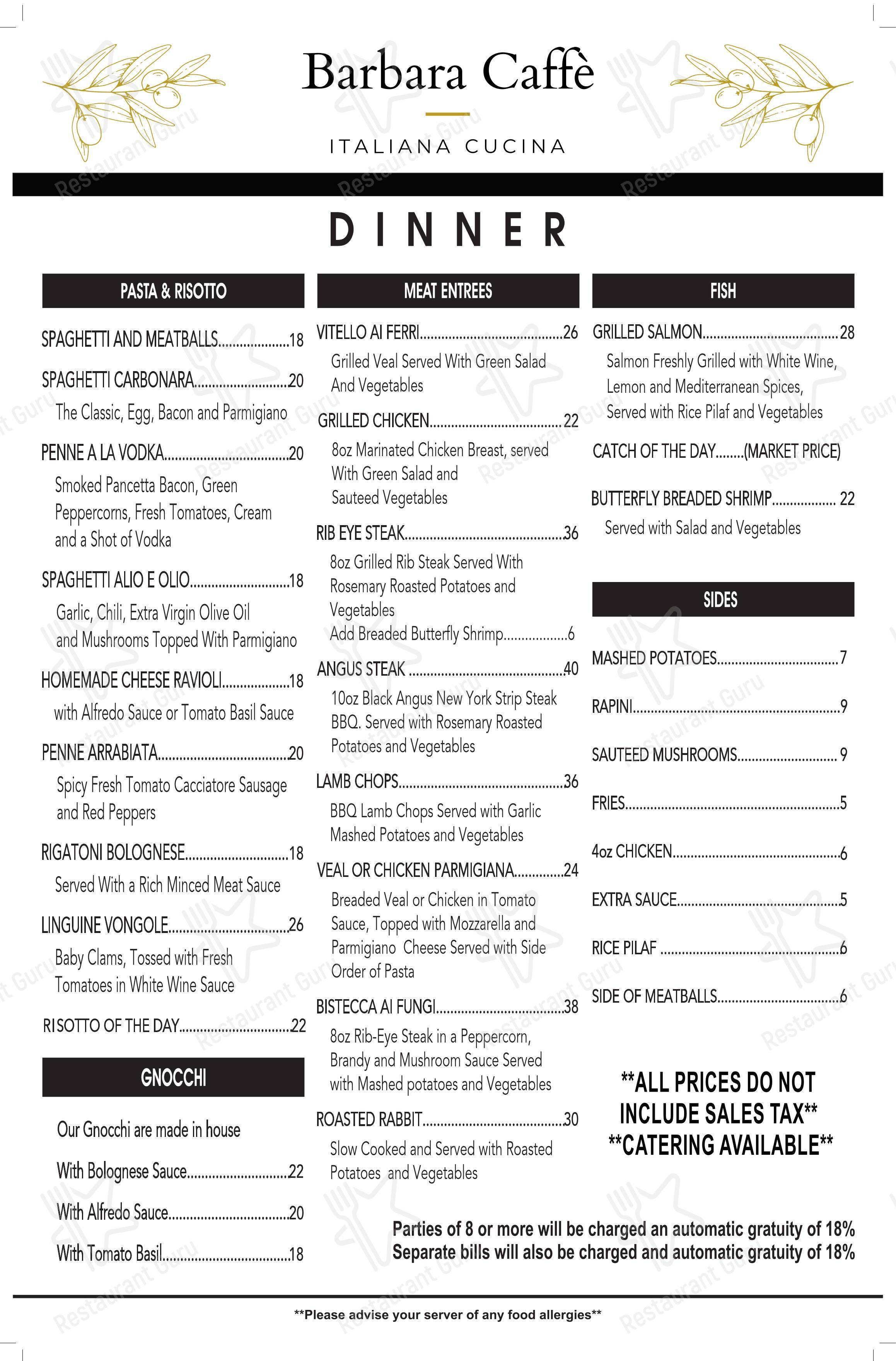 Menu bar pour Barbara Caffe restaurant