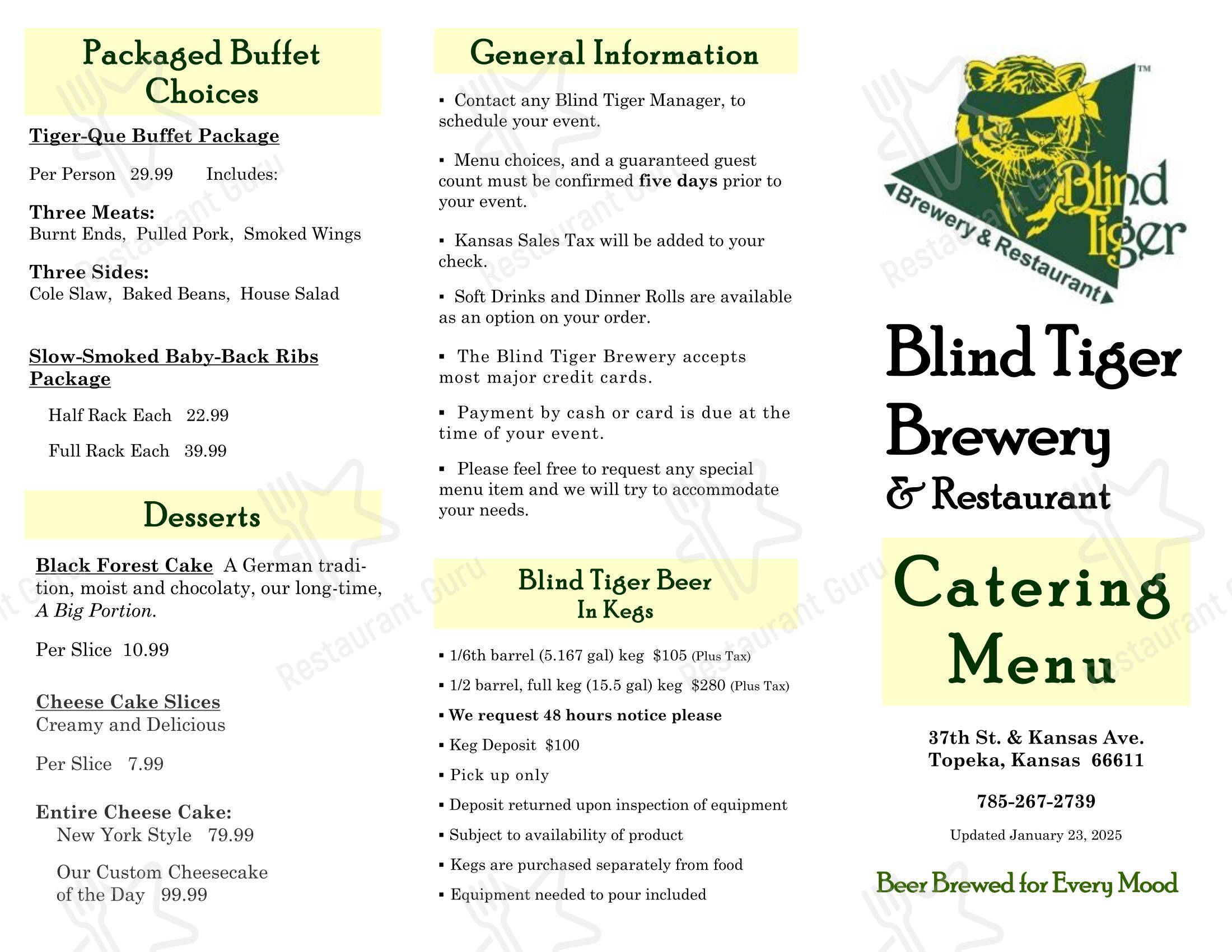Menu at Blind Tiger Brewery & Restaurant, Topeka