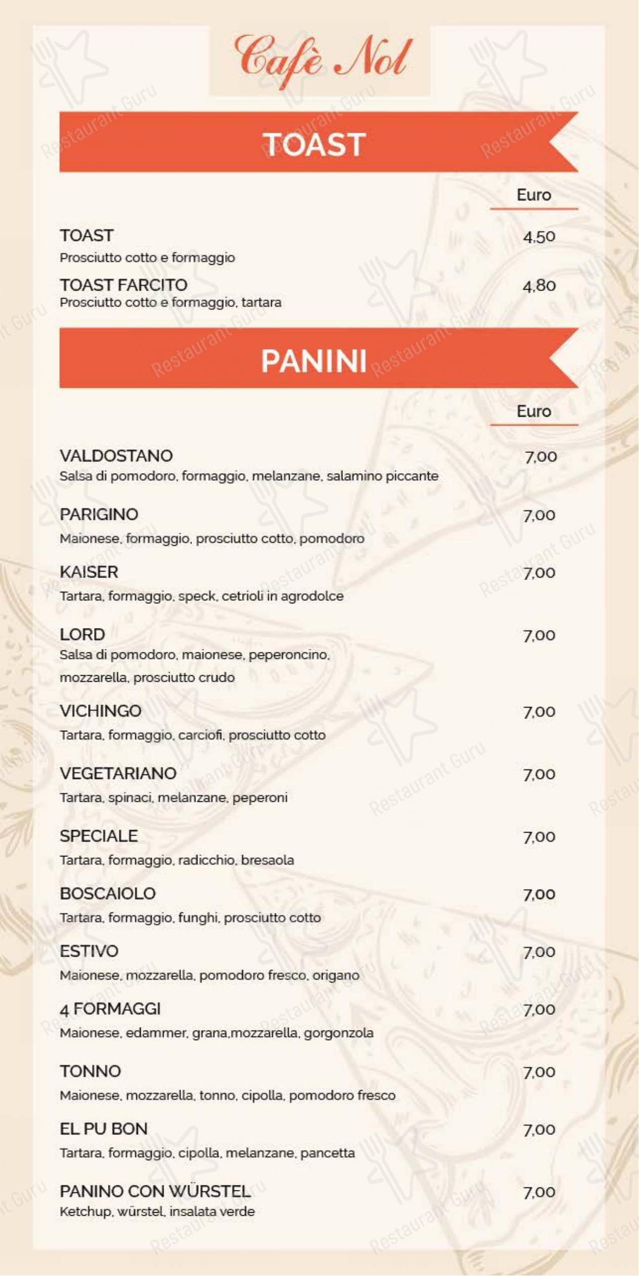 Menu per Café Nol ~ pub & pizzeria pub & bar