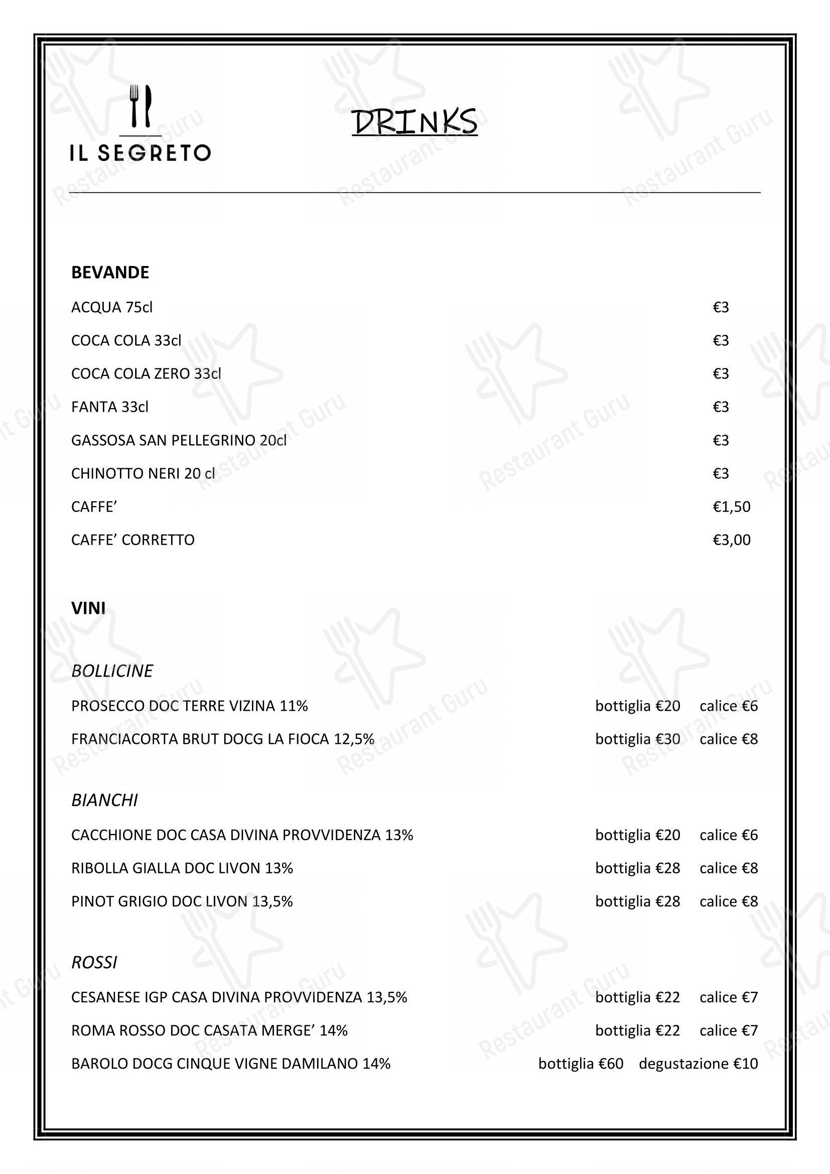 Menu bar per Il Segreto - Italian restaurant near the Vatican ristorante