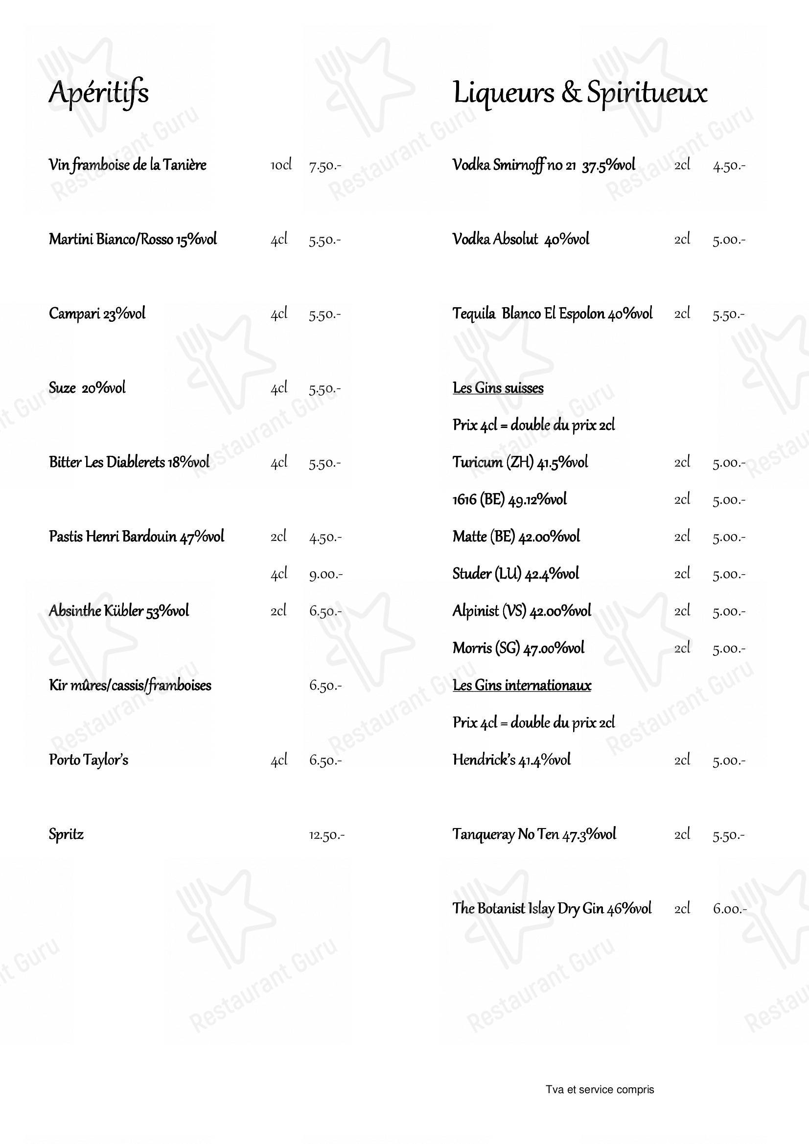 Основное меню per La Tanière in Ginevra