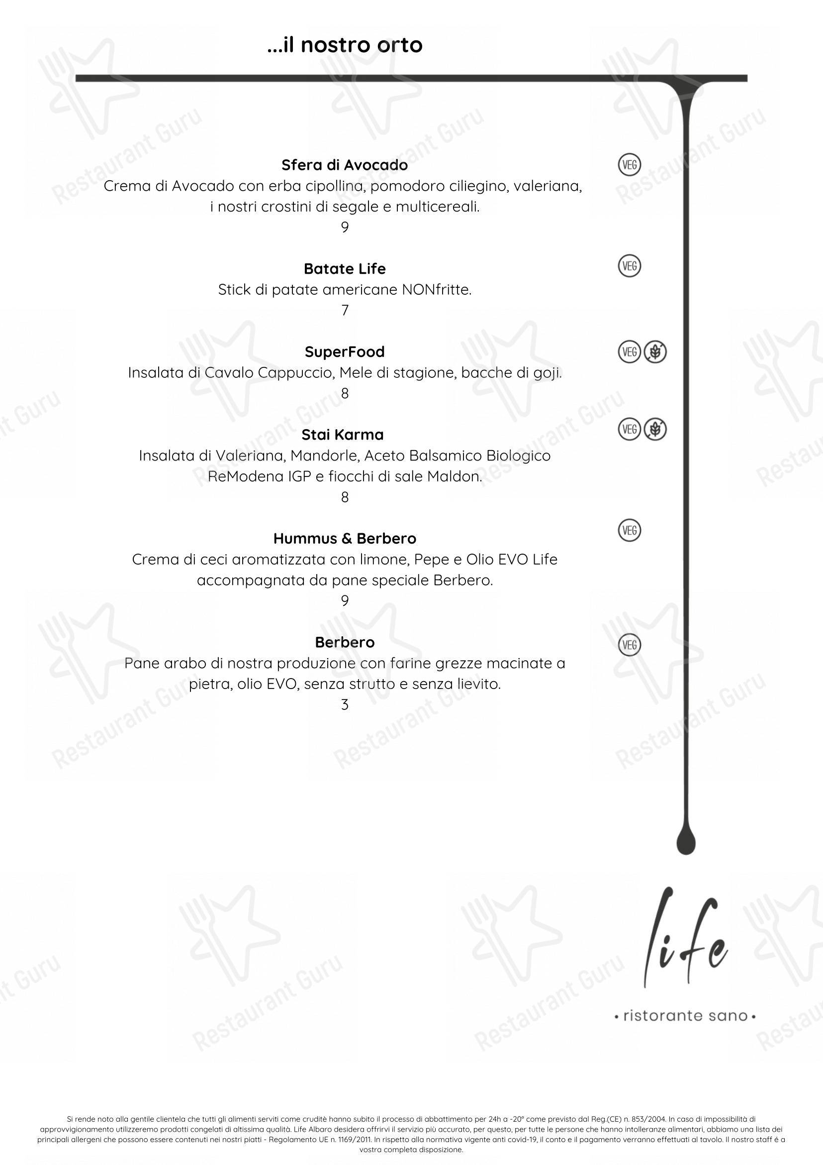 Menu di Life Ristorante Sano - Menu