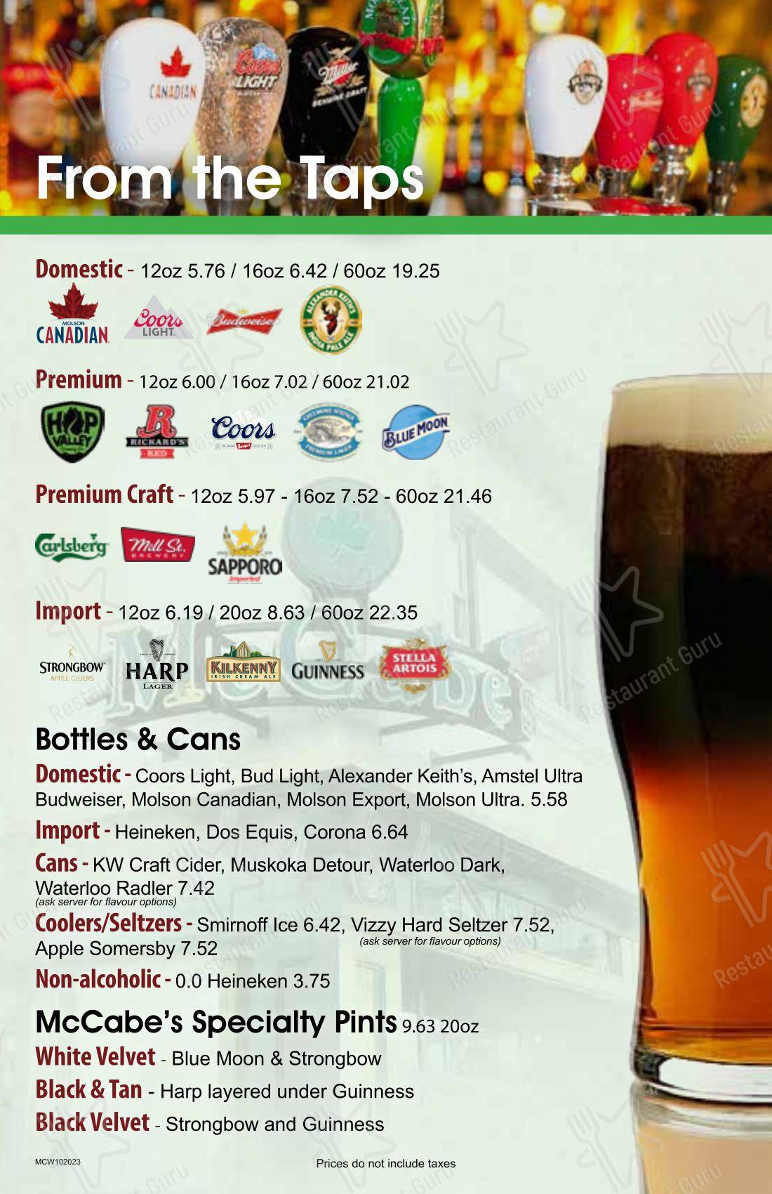 Menu pour McCabe's Irish Pub & Grill - 菜单