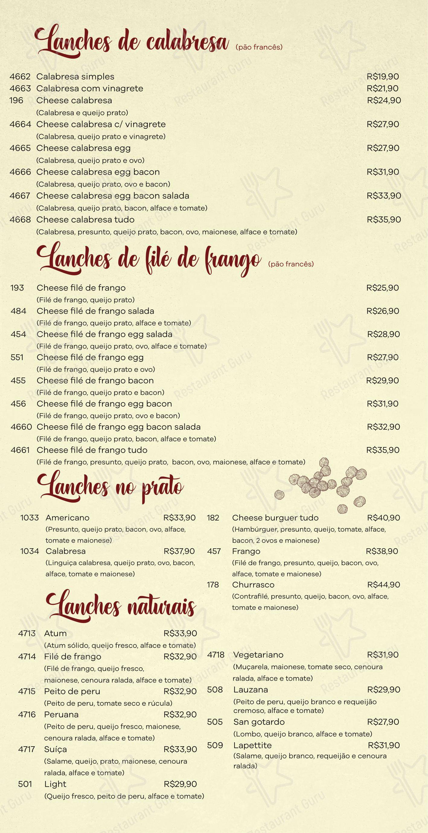 Menu para Padaria Bella Caiubi restaurante