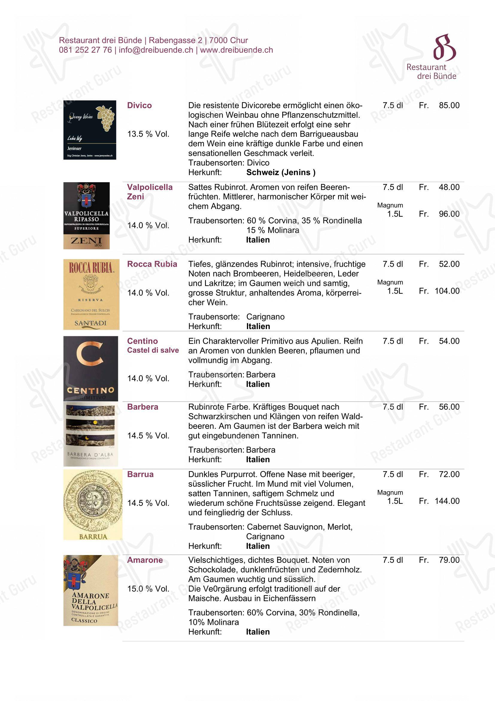 Menu di Restaurant Drei Bünde - Коктейльная карта
