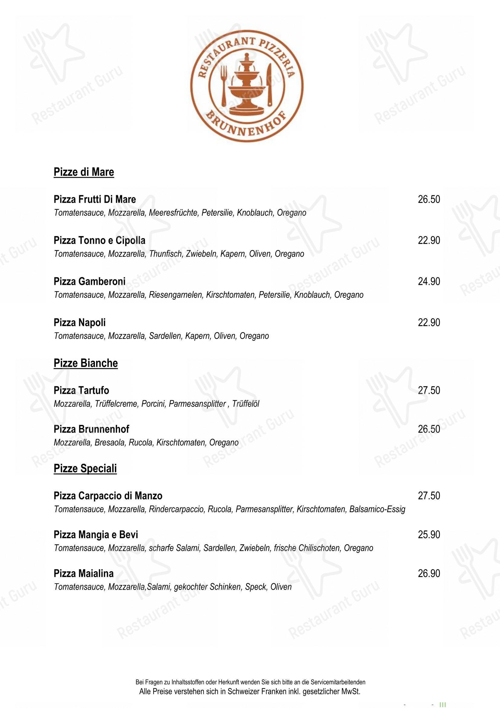 Restaurant Pizzeria Brunnenhof in Köniz - Menu