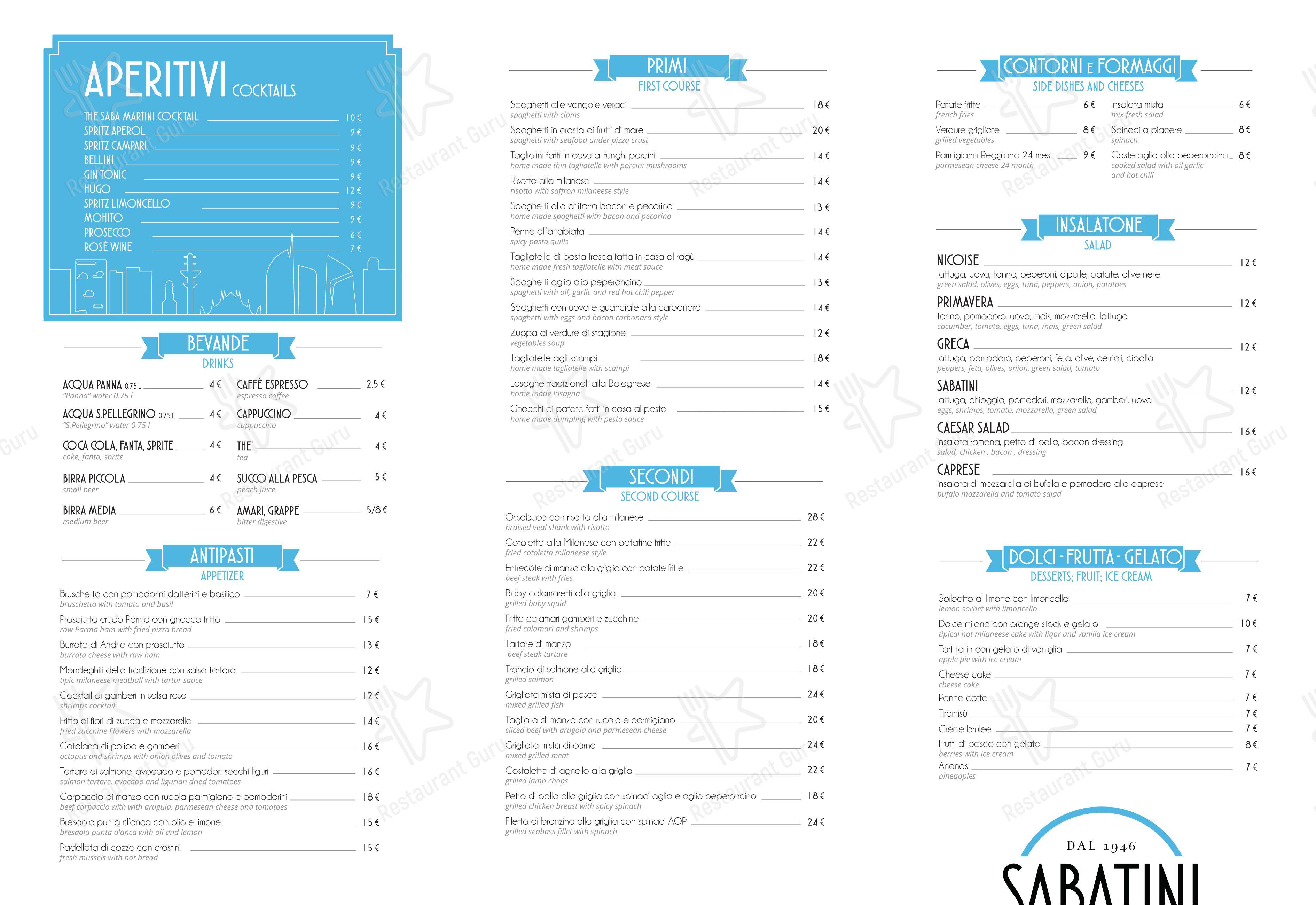 Menu per Sabatini pizzeria