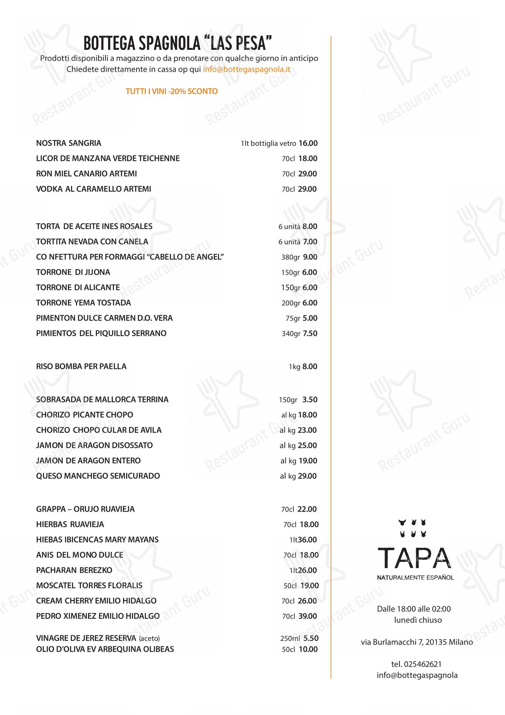 Menu bar per Tapa pub & bar