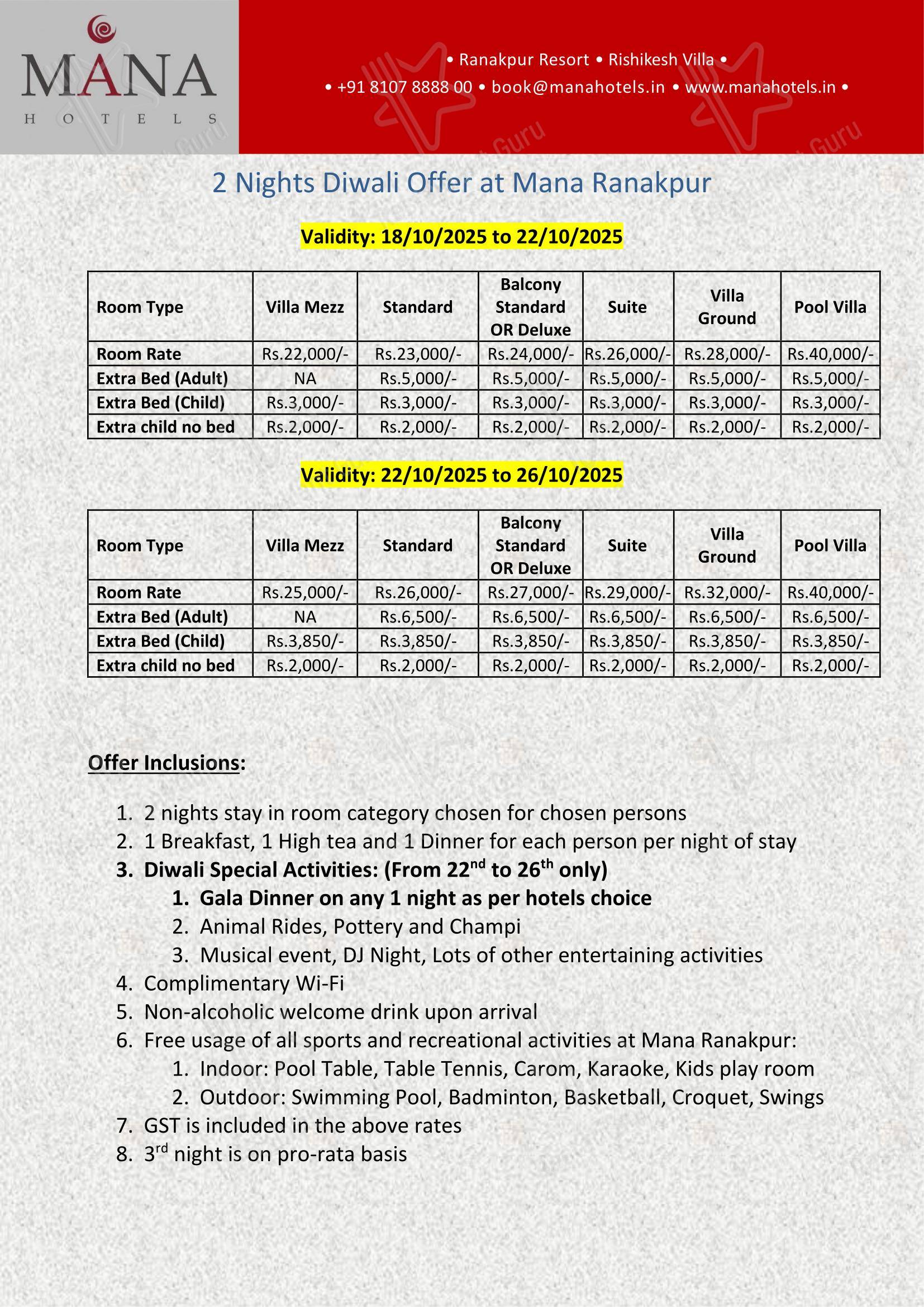 Menu for the Vari Ranakpur restaurant
