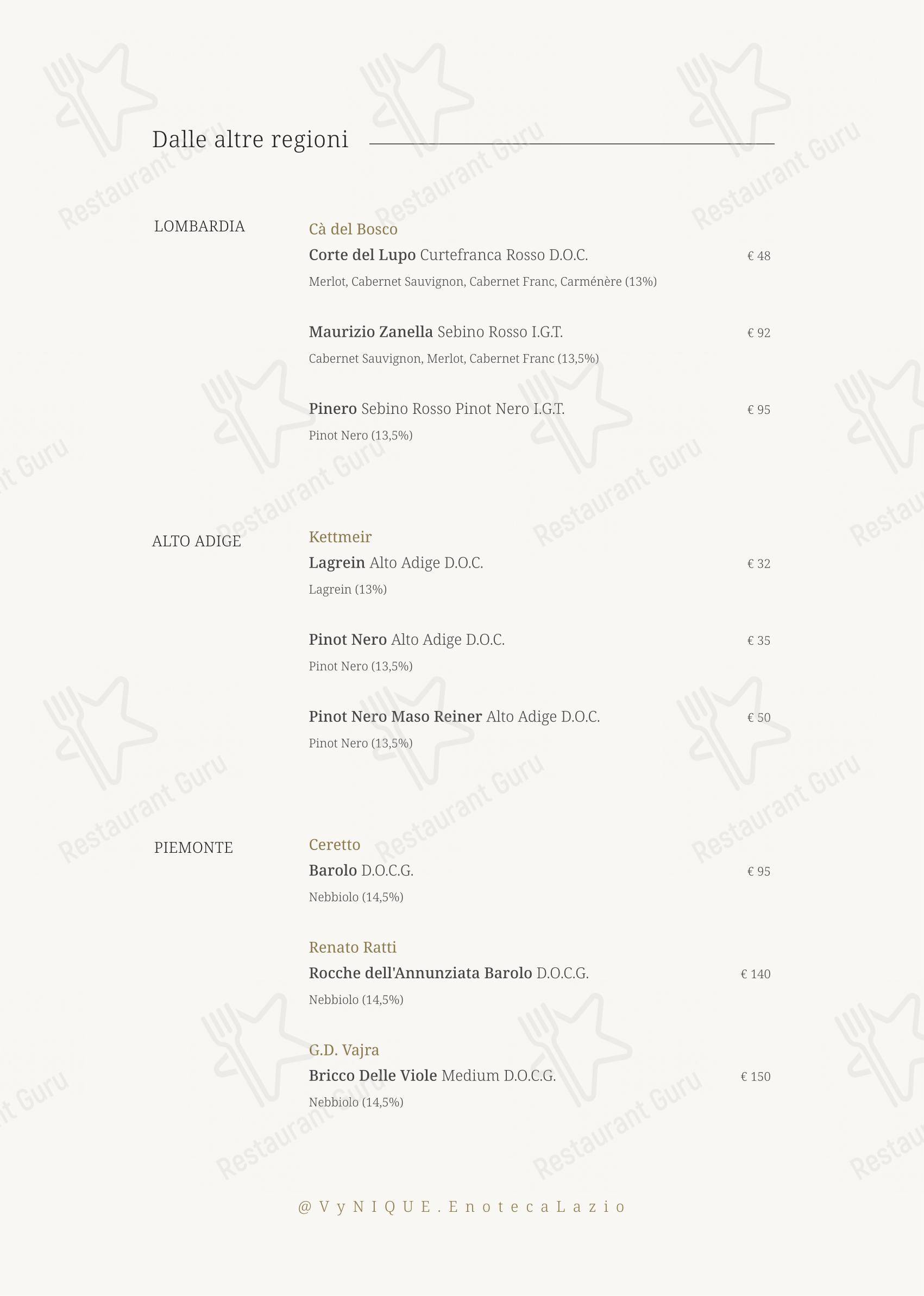 VyNIQUE Enoteca Regionale del Lazio in Roma - Menu bar