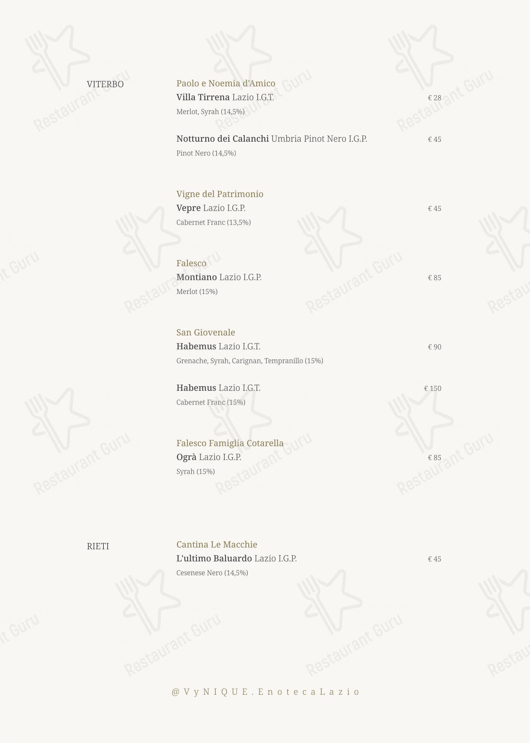 VyNIQUE Enoteca Regionale del Lazio in Roma - Menu bar