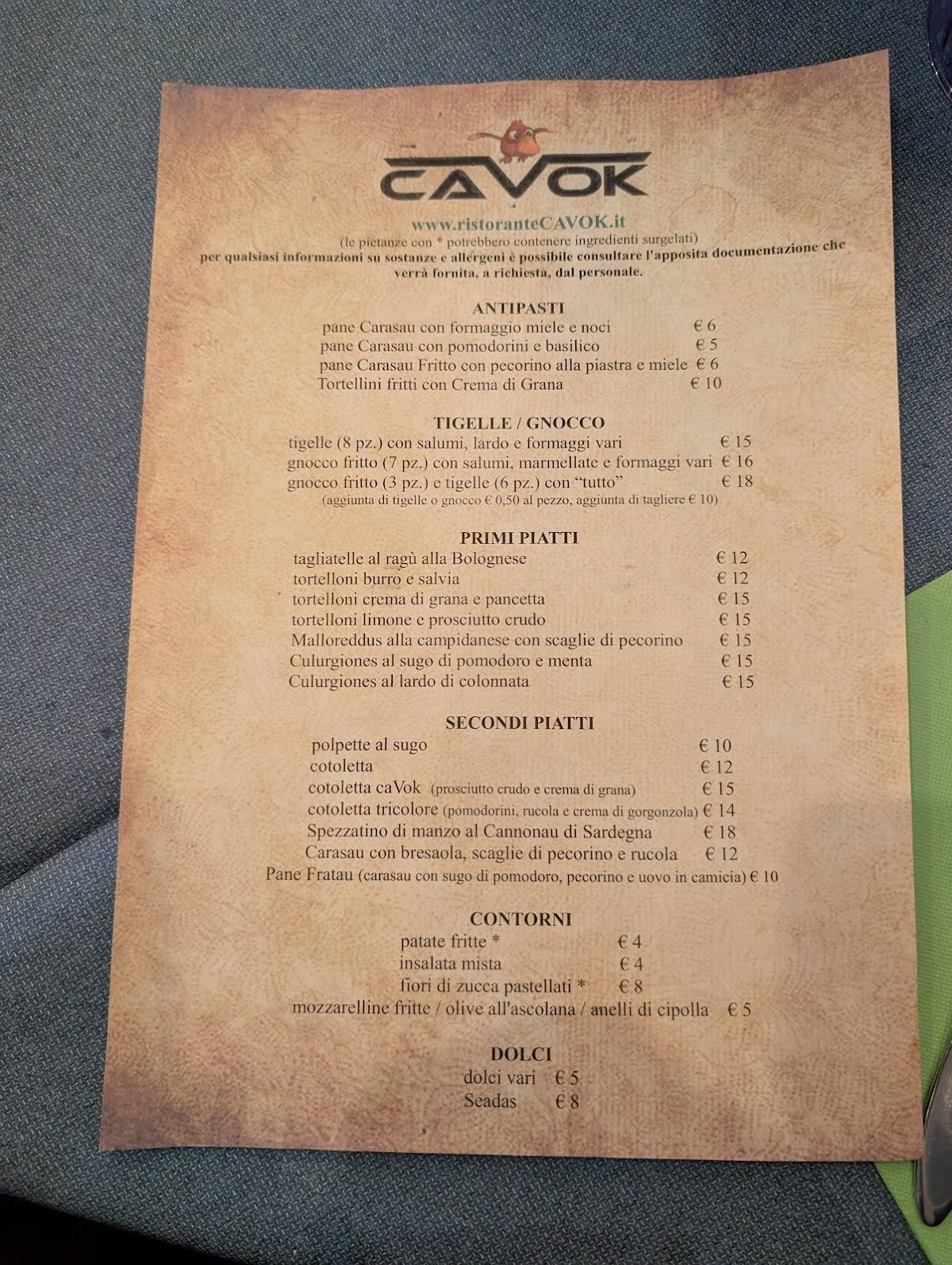 Menu di ristorante Cavok 