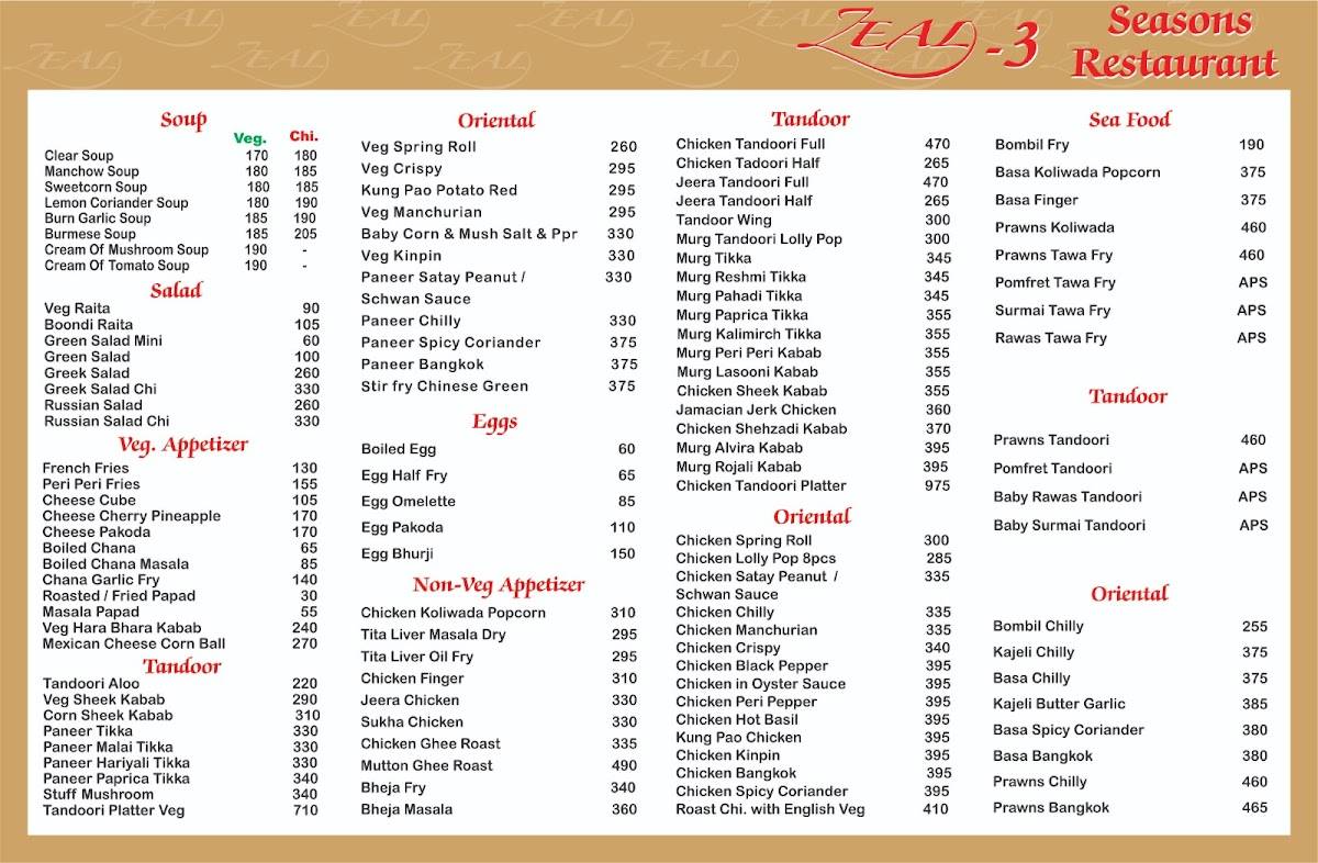 zeal 3 Seasons menu