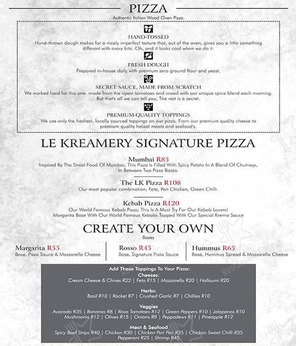 Menu at Le Kreamery restaurant, Benoni