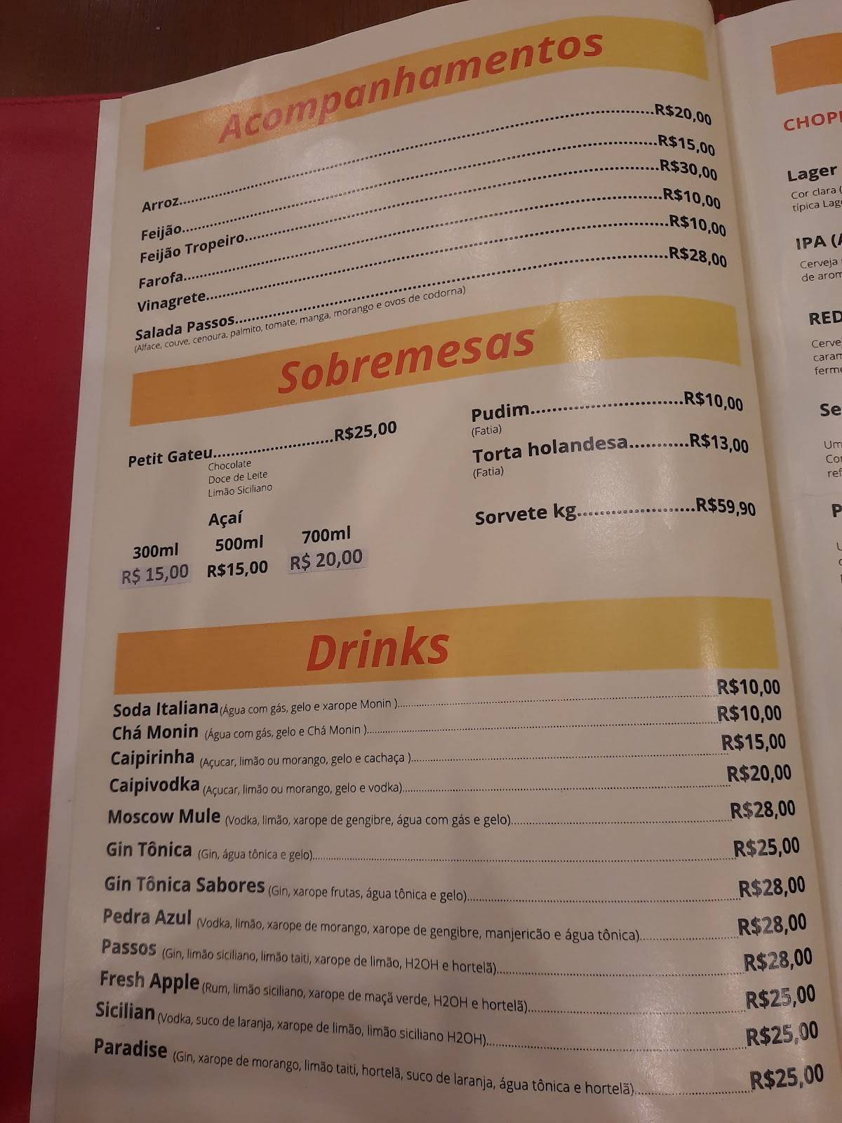 Restaurante Passos cardápio