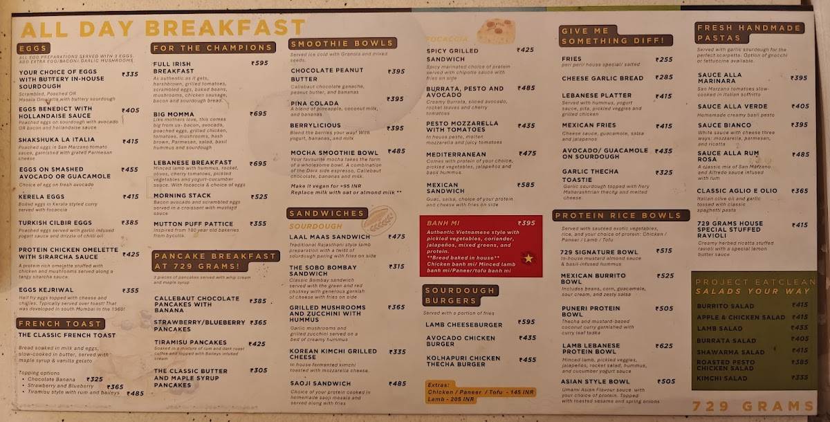 729 Grams Coffee Roasters menu