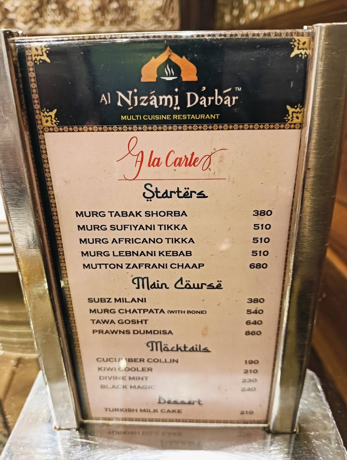 AL NIZAMI DARBAR menu