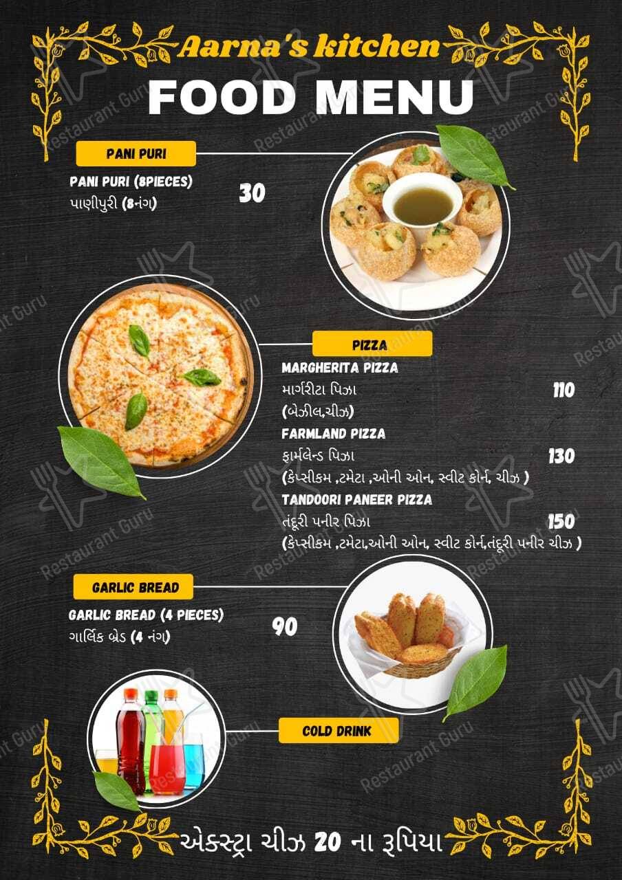 Aarna's kitchen menu - dishes and beverages