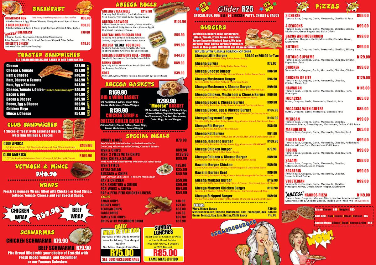 Menu at Abeega Roadhouse Nelspruit restaurant, Nelspruit