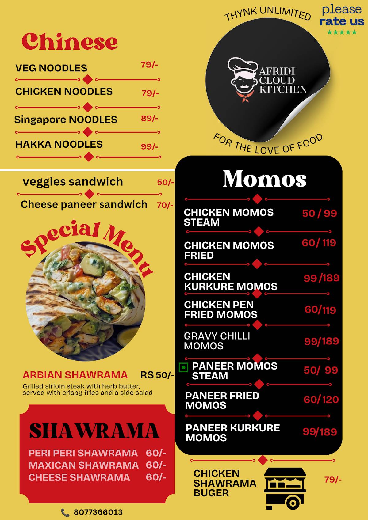 Afridi cloud kitchen menu