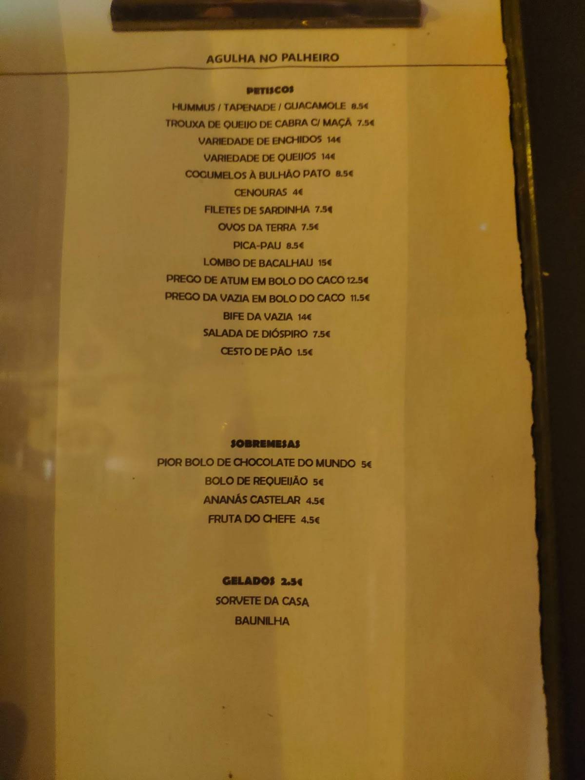 Menu Em Agulha No Palheiro Pub Bar Lisboa