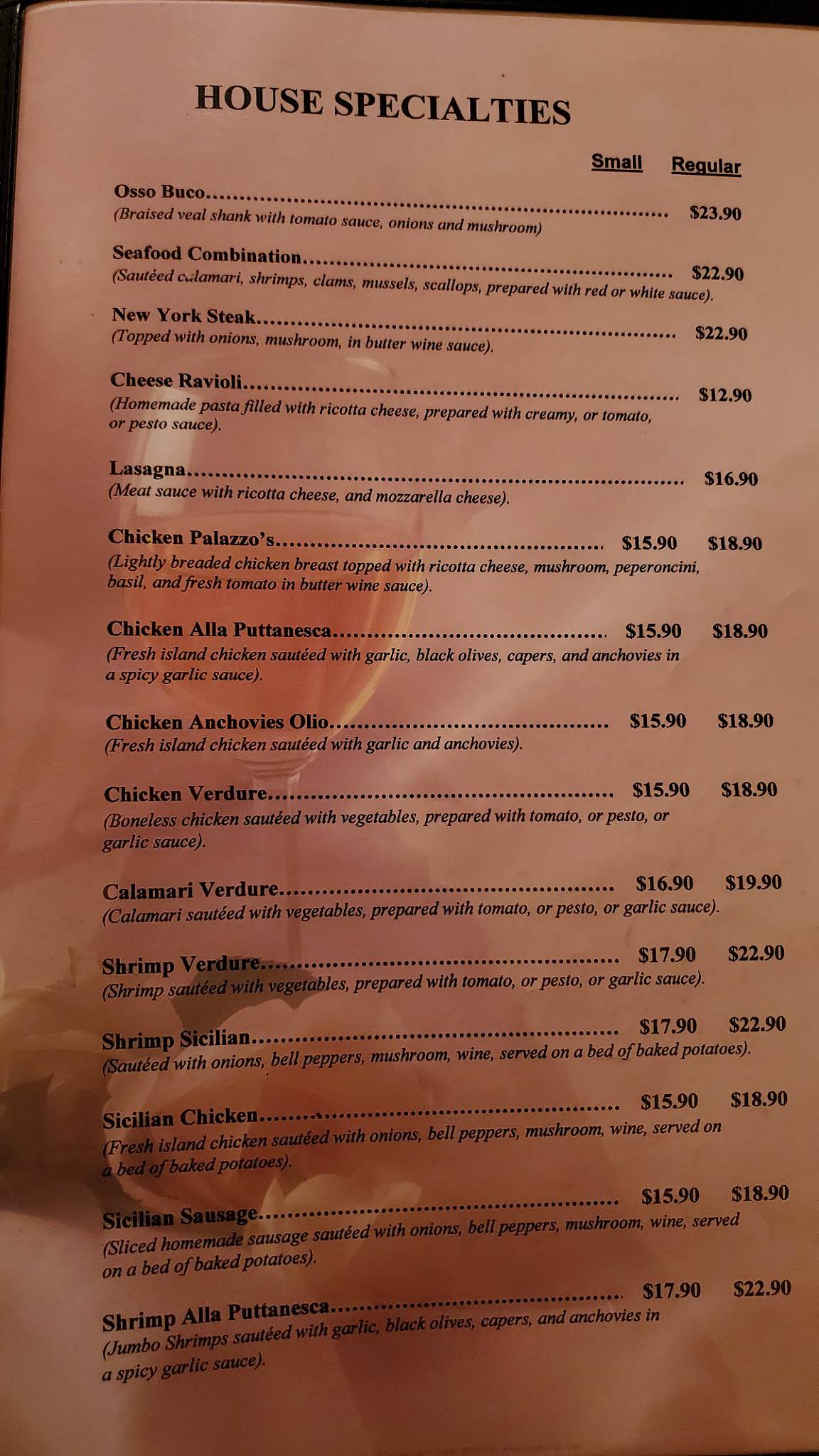 Menu at Palazzo Ristorante Italiano restaurant, Aiea, 99080 Kauhale St