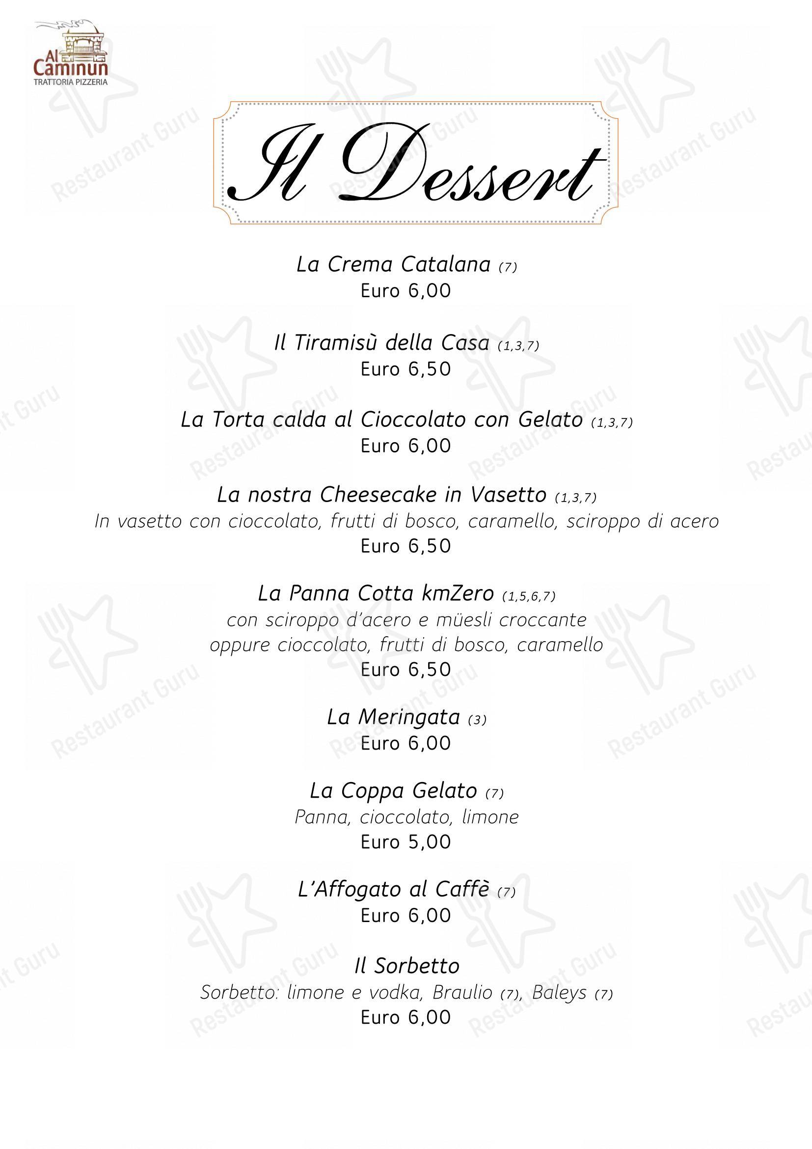 Menu di Al Caminun Trattoria Pizzeria - Menu