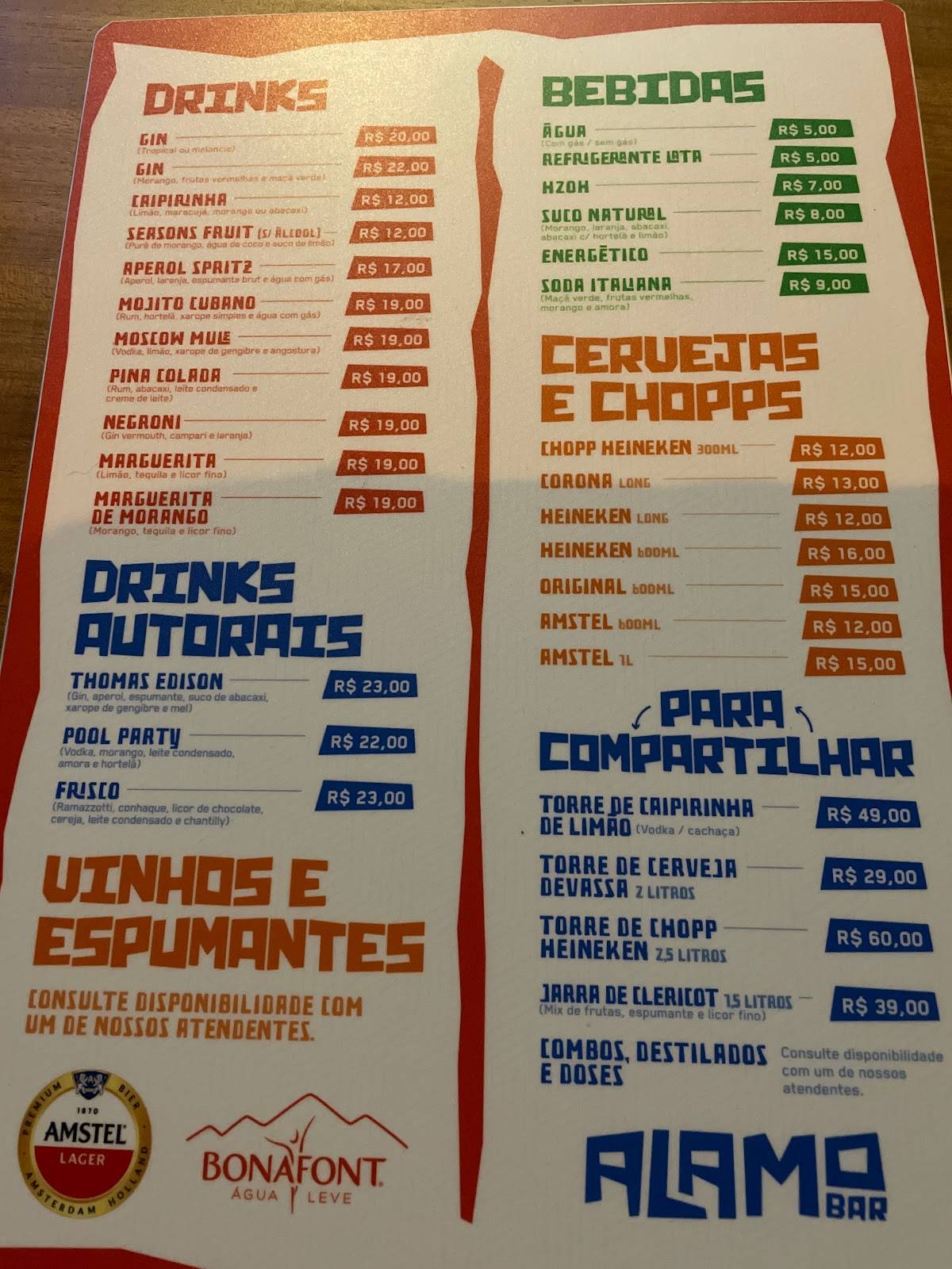 Bloco Bar cardápio