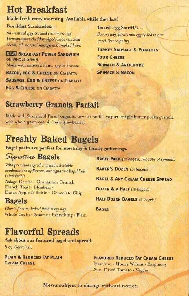 Panera Bread menu