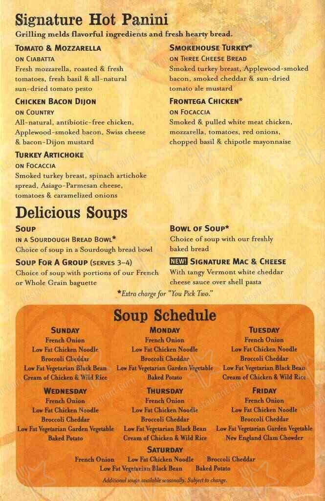 Panera Bread menu