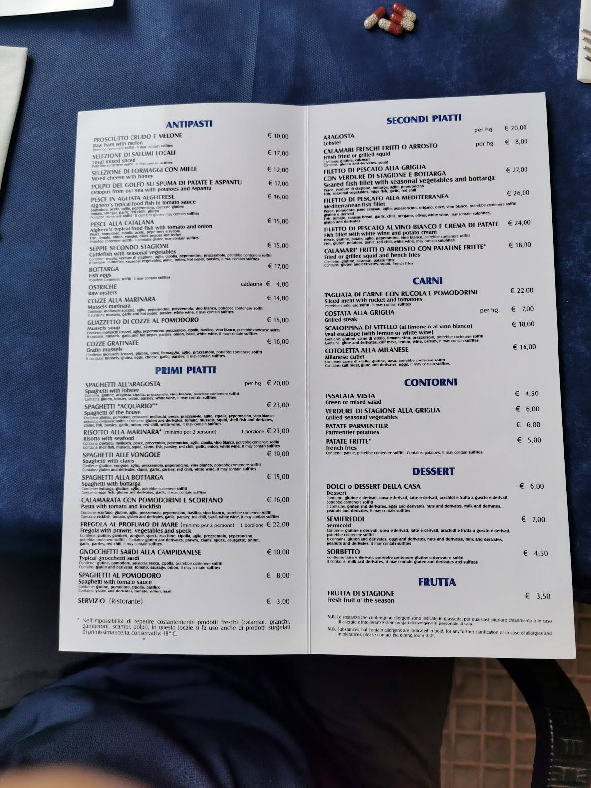 Menu di Ristorante Acquario 