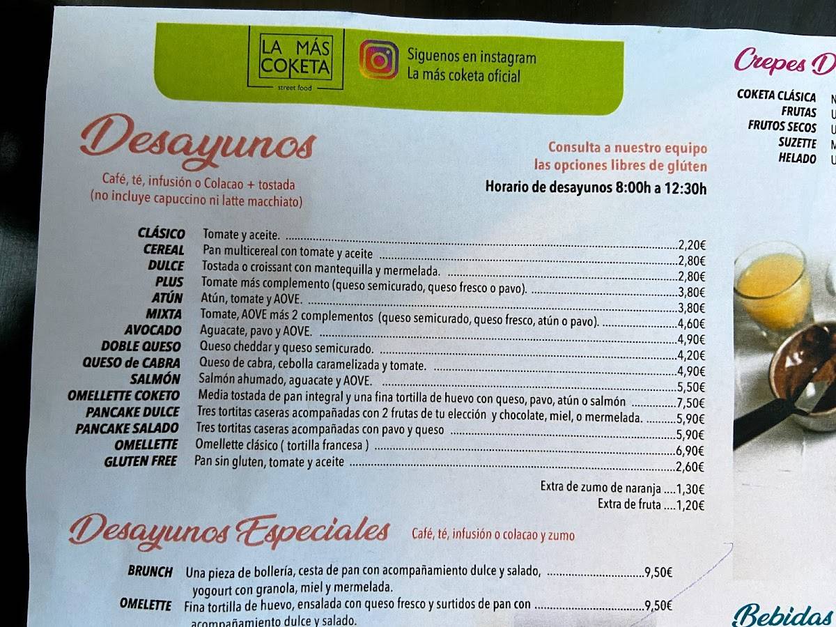 Carta de cafetería La Más Coketa, Alicante