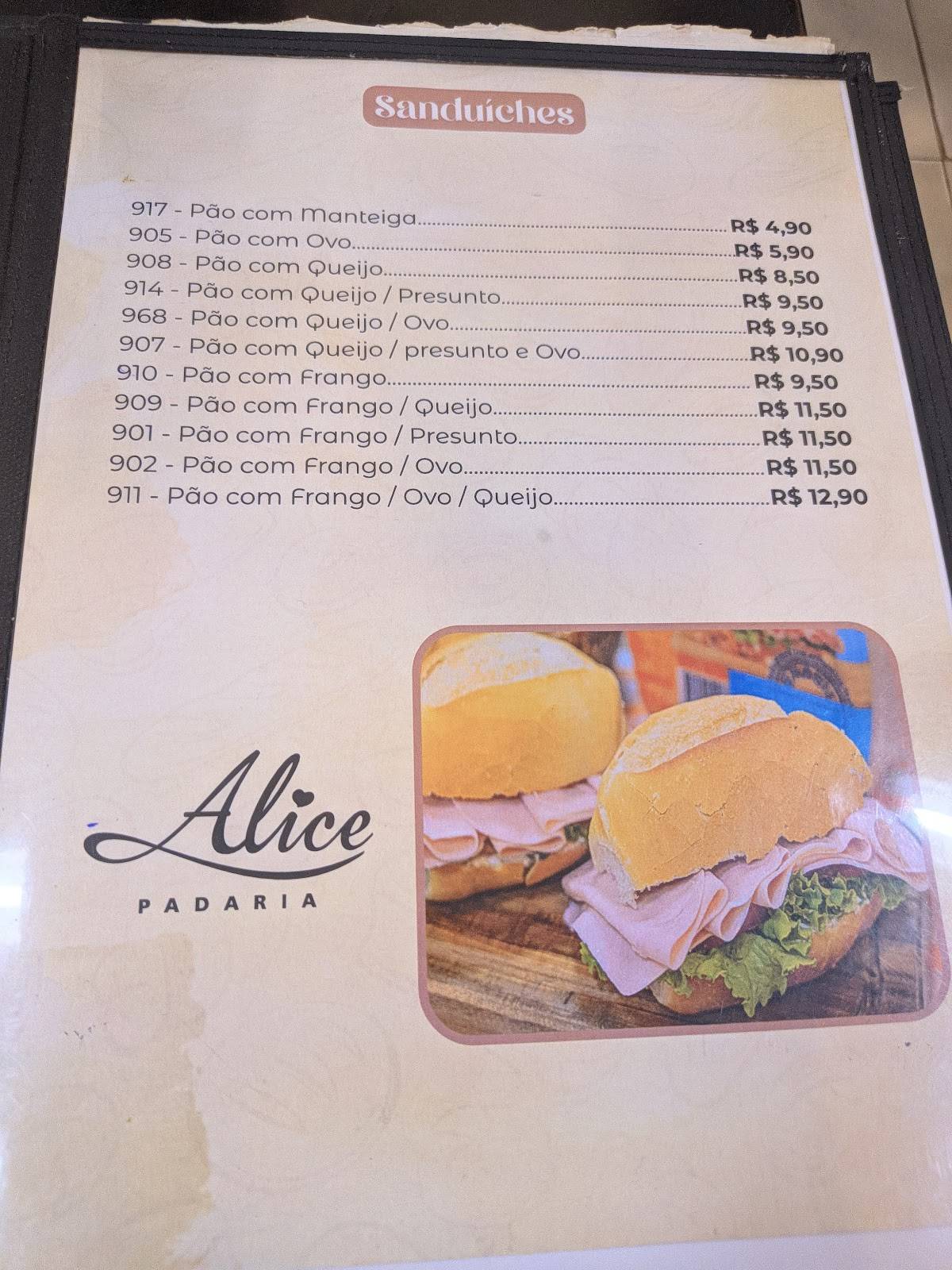 Alice Padaria cardápio