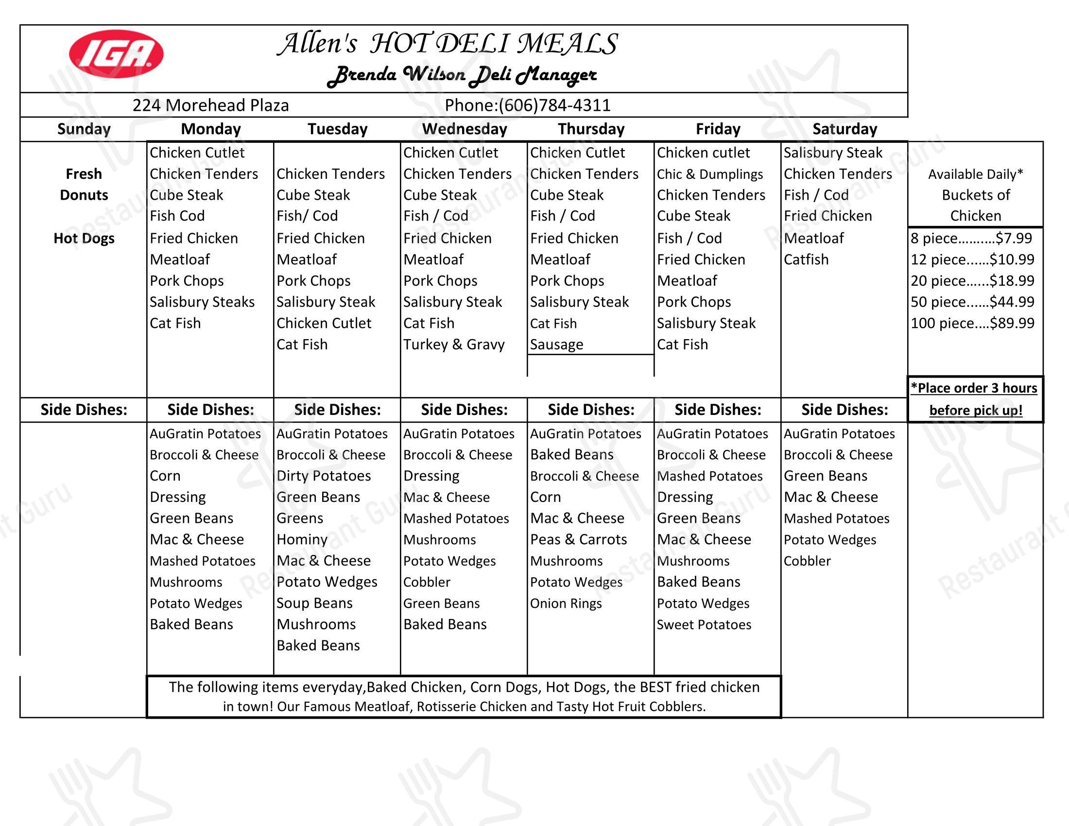 Menu at Allen's IGA Deli & Bakery, Morehead