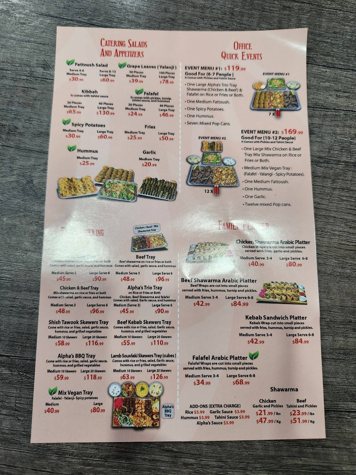 Menu de Alpha’s Shawarma (598 Queen St.)
