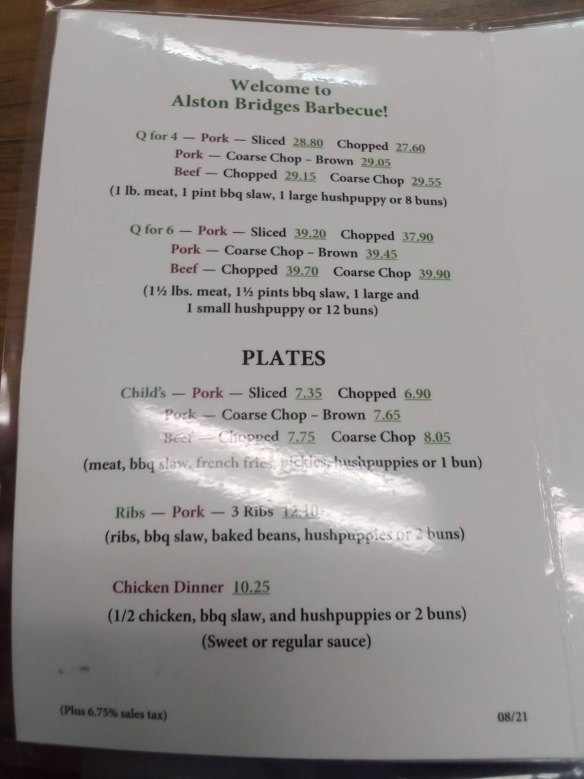 Menu at Alston Bridges Barbecue, Shelby