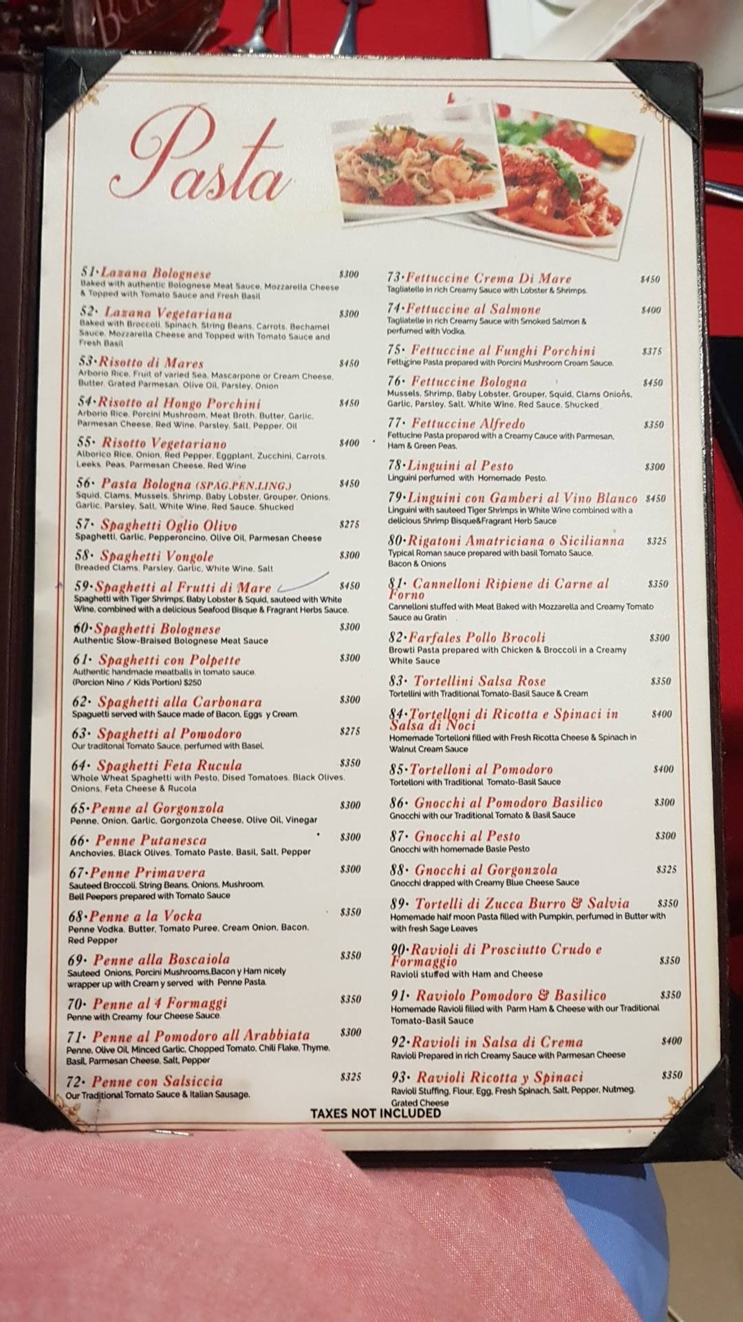 Menu at Bologna restaurant, Sosúa